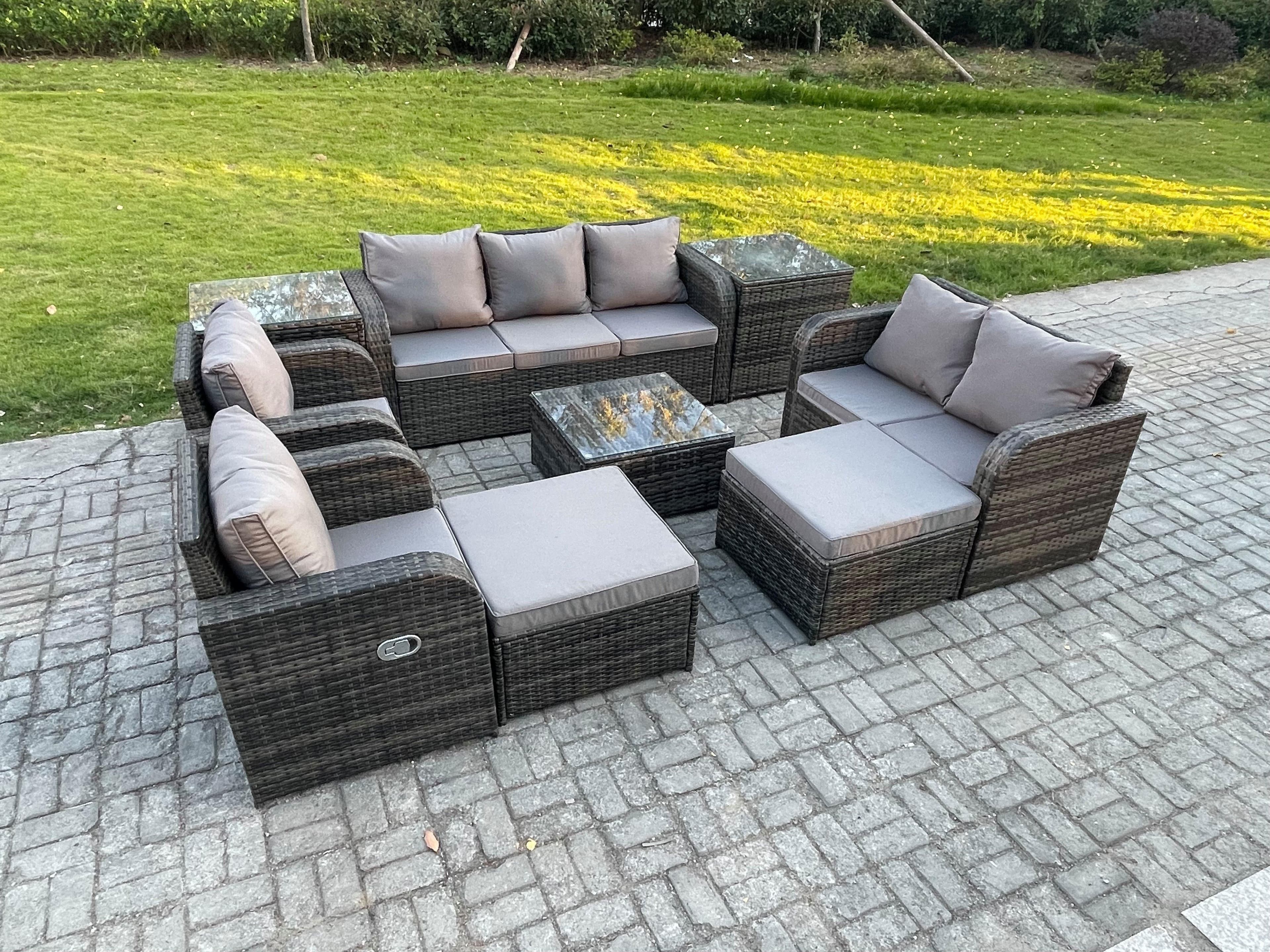 Rattan Garden Furniture 9 Piece Patio Set Table Sofa Chairs 2 Big Footstool 2 Side Tables