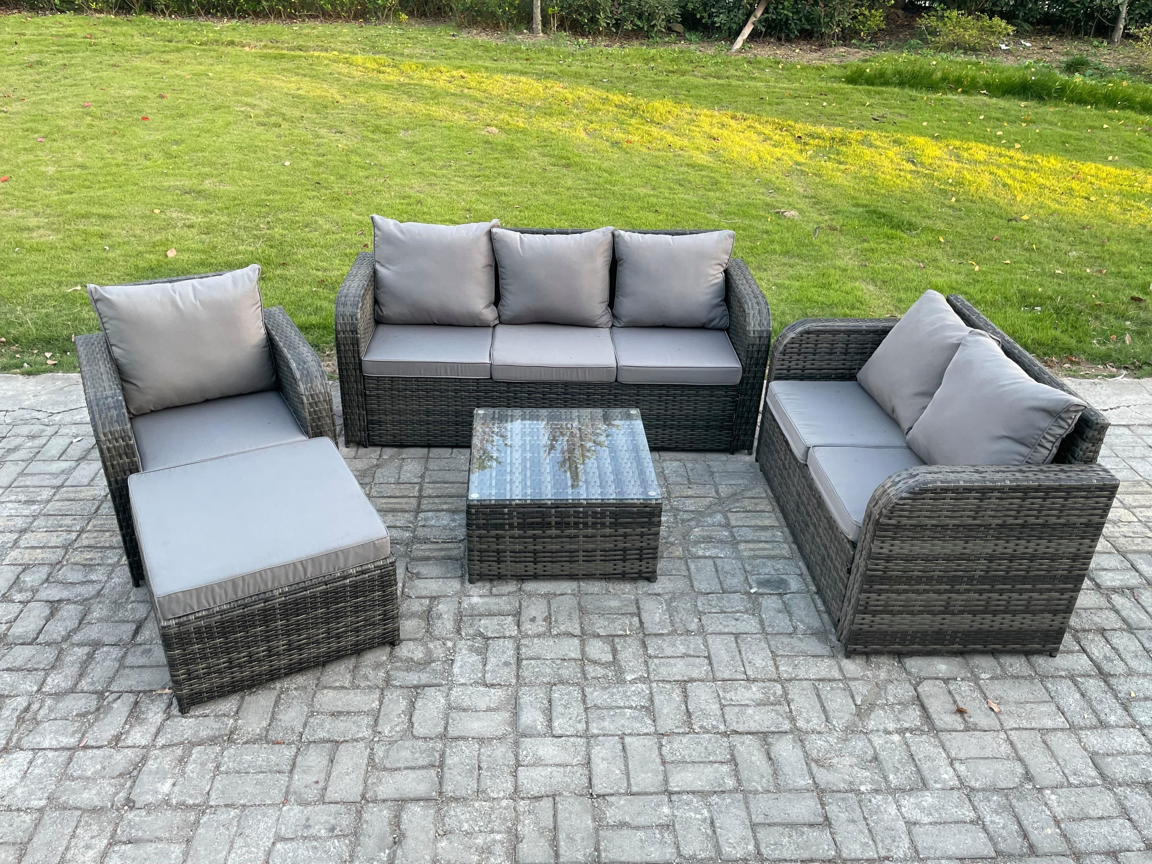 Rattan Garden Furniture 5 Piece Patio Set Table Sofa Square Coffee Table Reclining Chair Loveseat sofa Big Footstool
