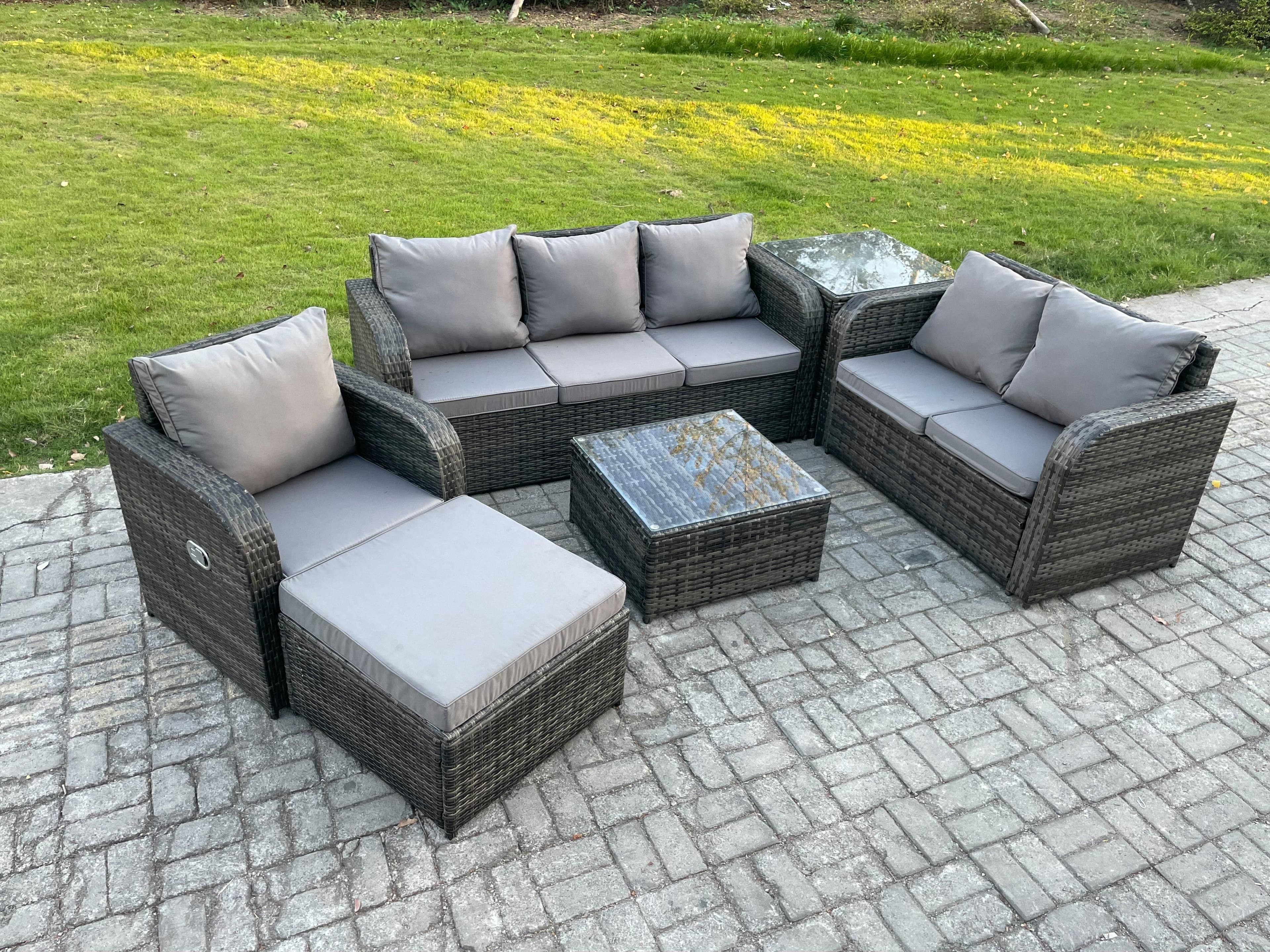 Rattan Garden Furniture 6 Piece Patio Set Table Sofa Square Coffee Table Reclining Chair Loveseat sofa Big Footstool