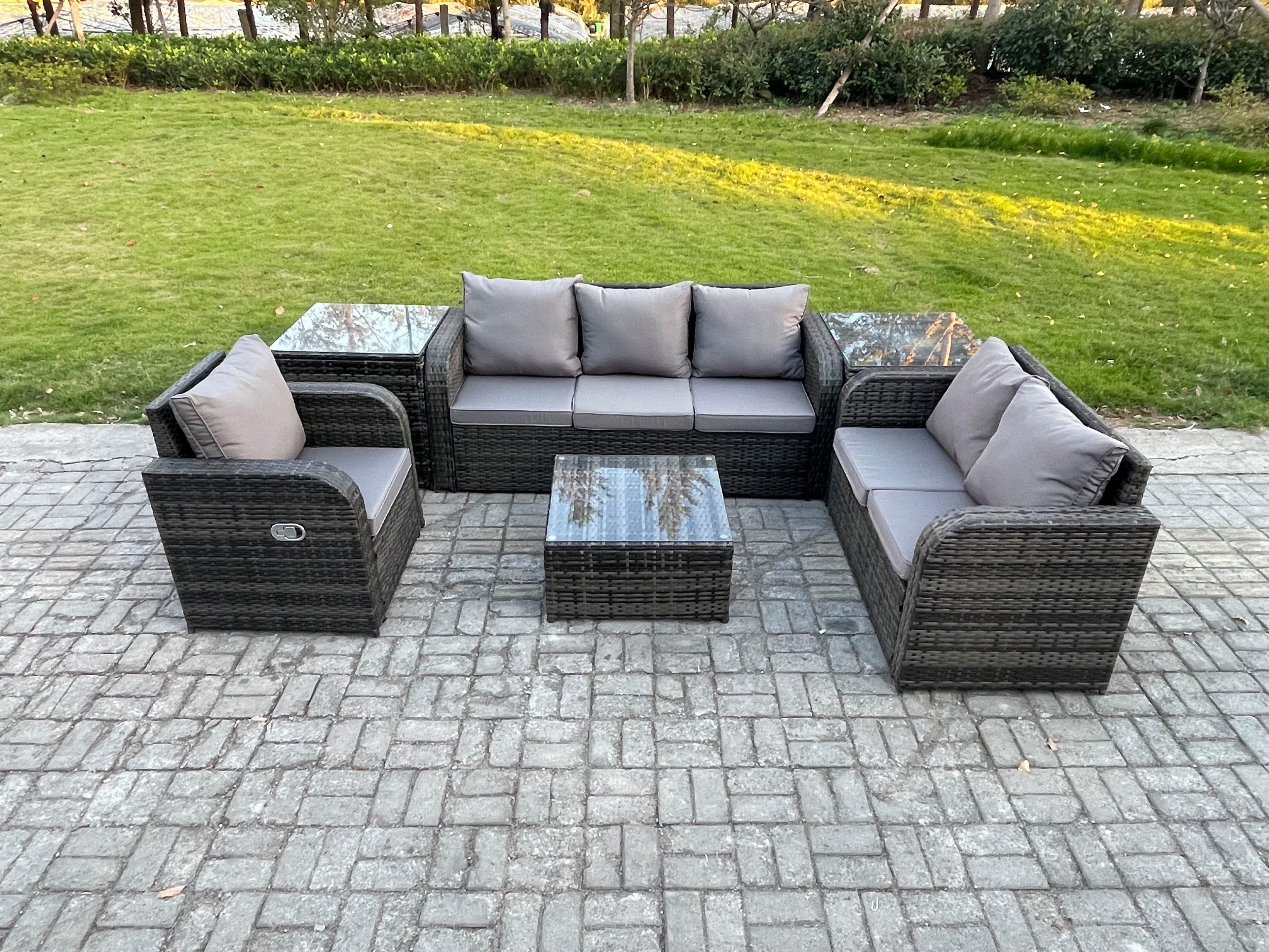 Rattan Garden Furniture 6 Piece Patio Set Table Sofa Square Coffee Table Reclining Chair Loveseat sofa 2 Side Tables