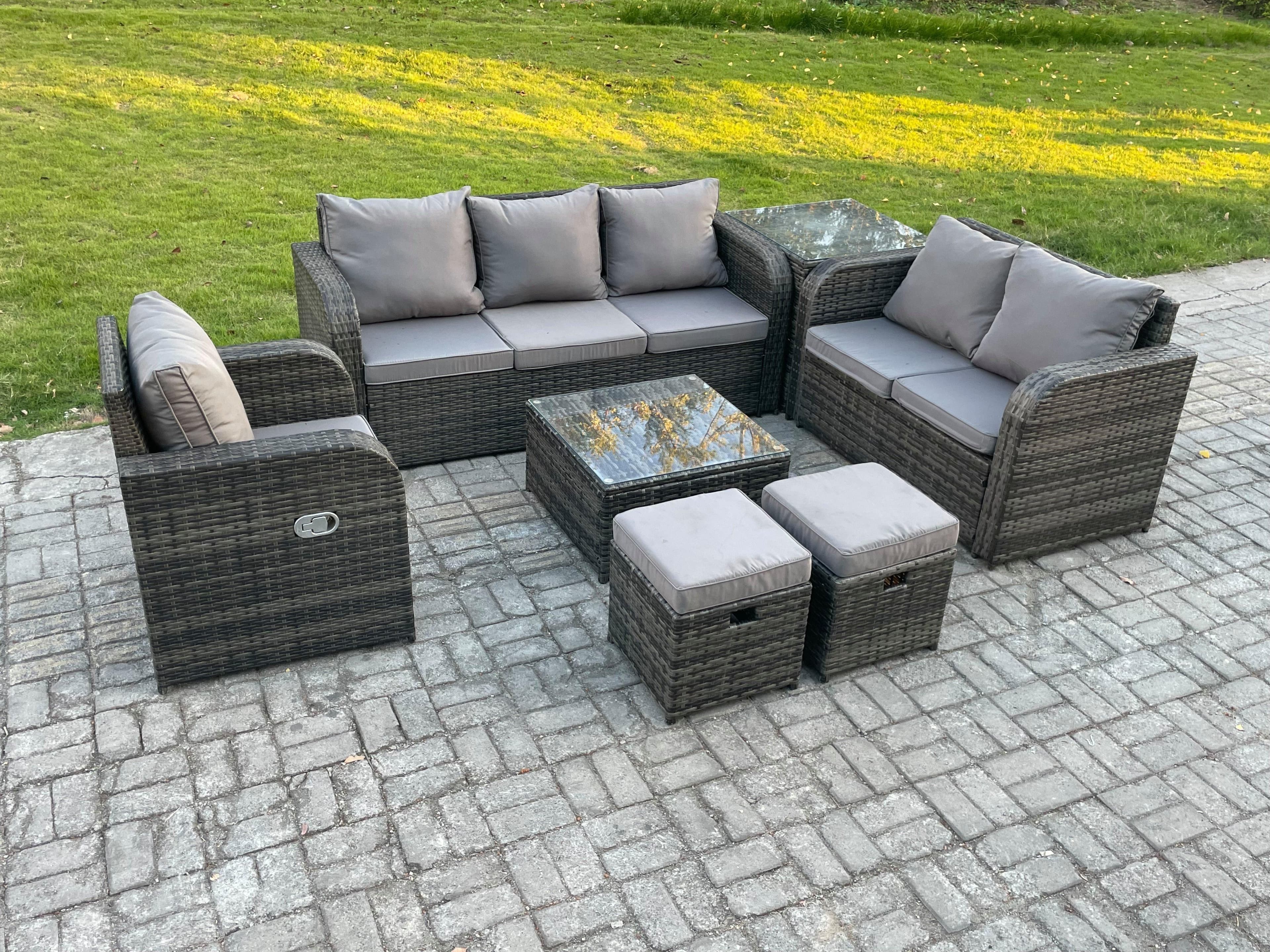 Rattan Garden Furniture 7 Piece Patio Set Table Sofa Square Coffee Table Reclining Chair Love seat sofa Side Table