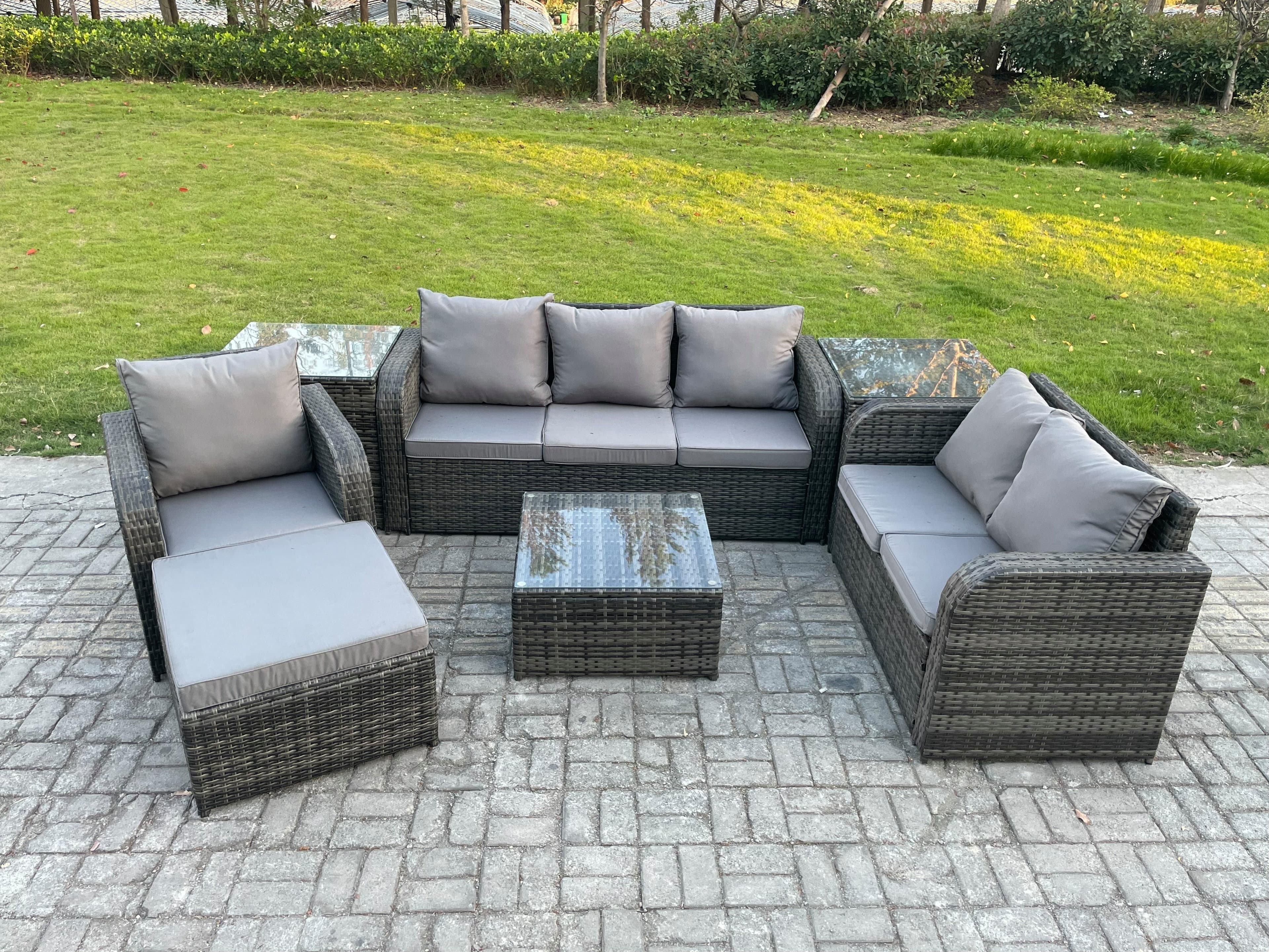 Rattan Garden Furniture 7 Piece Patio Set Table Sofa Square Coffee Table Reclining Chair Love seat sofa 2 Side Tables