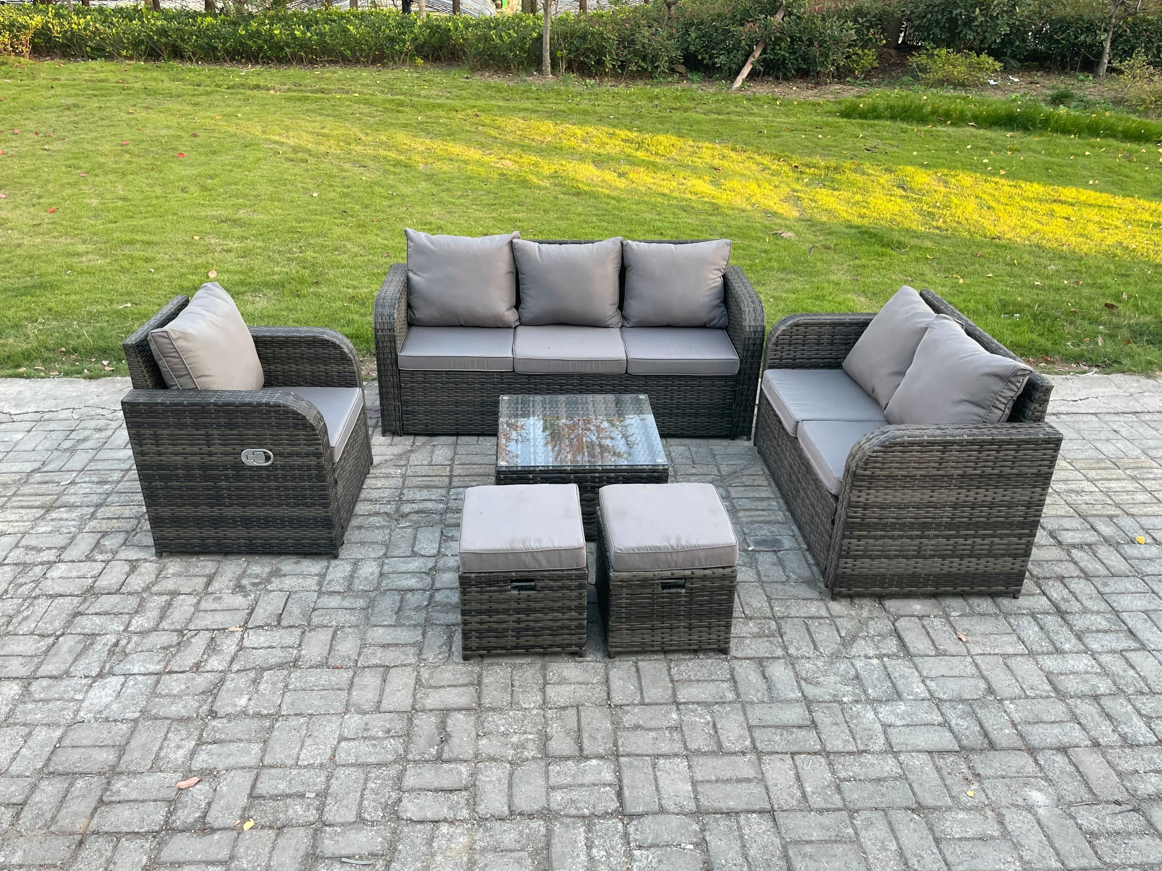 Rattan Garden Furniture 6 Piece Patio Set Table Sofa Square Coffee Table Reclining Chair Love seat sofa 2 Small Footstools
