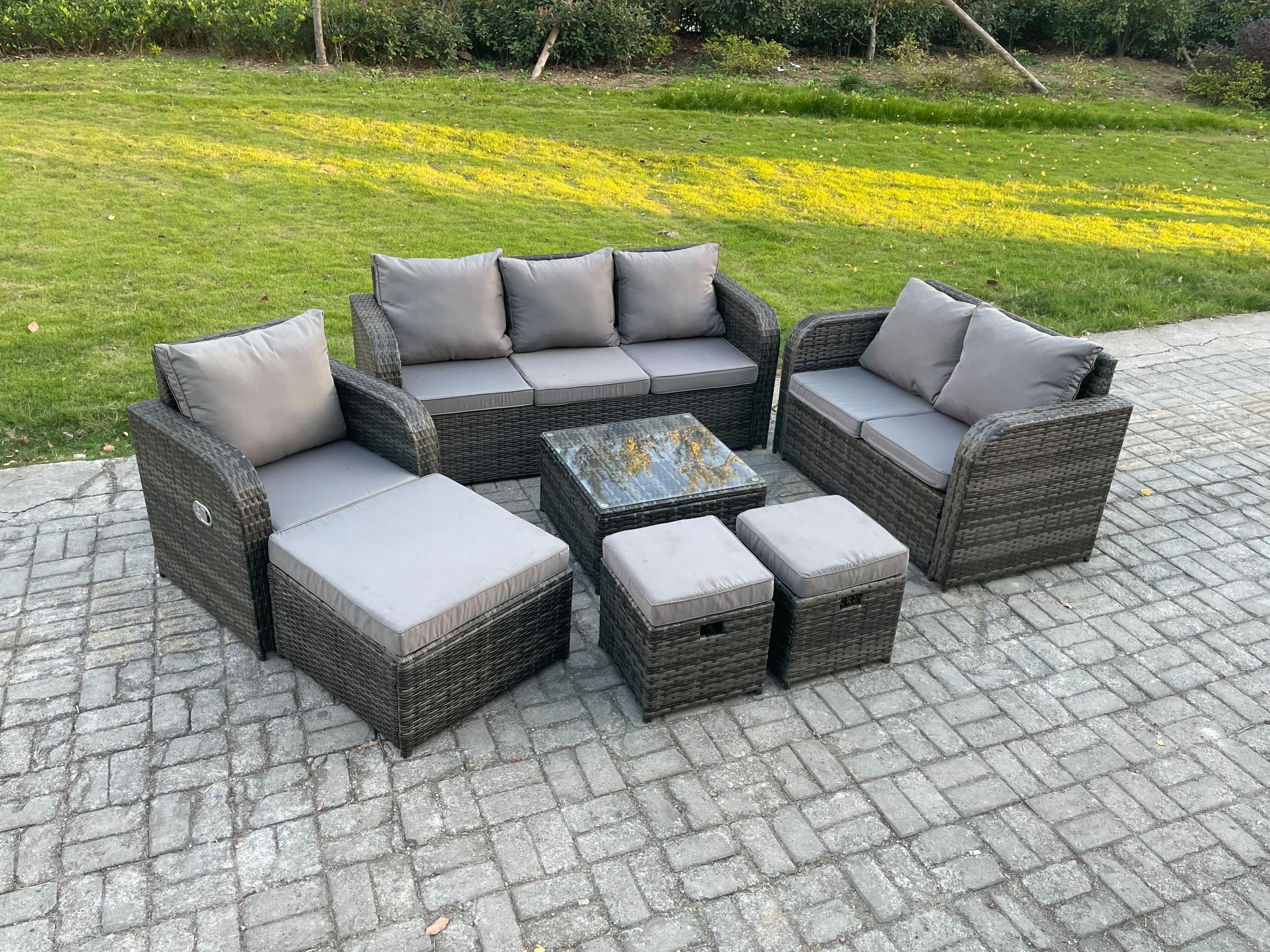 Rattan Garden Furniture 7 Piece Patio Set Table Sofa Square Coffee Table Reclining Chair Love seat sofa Side