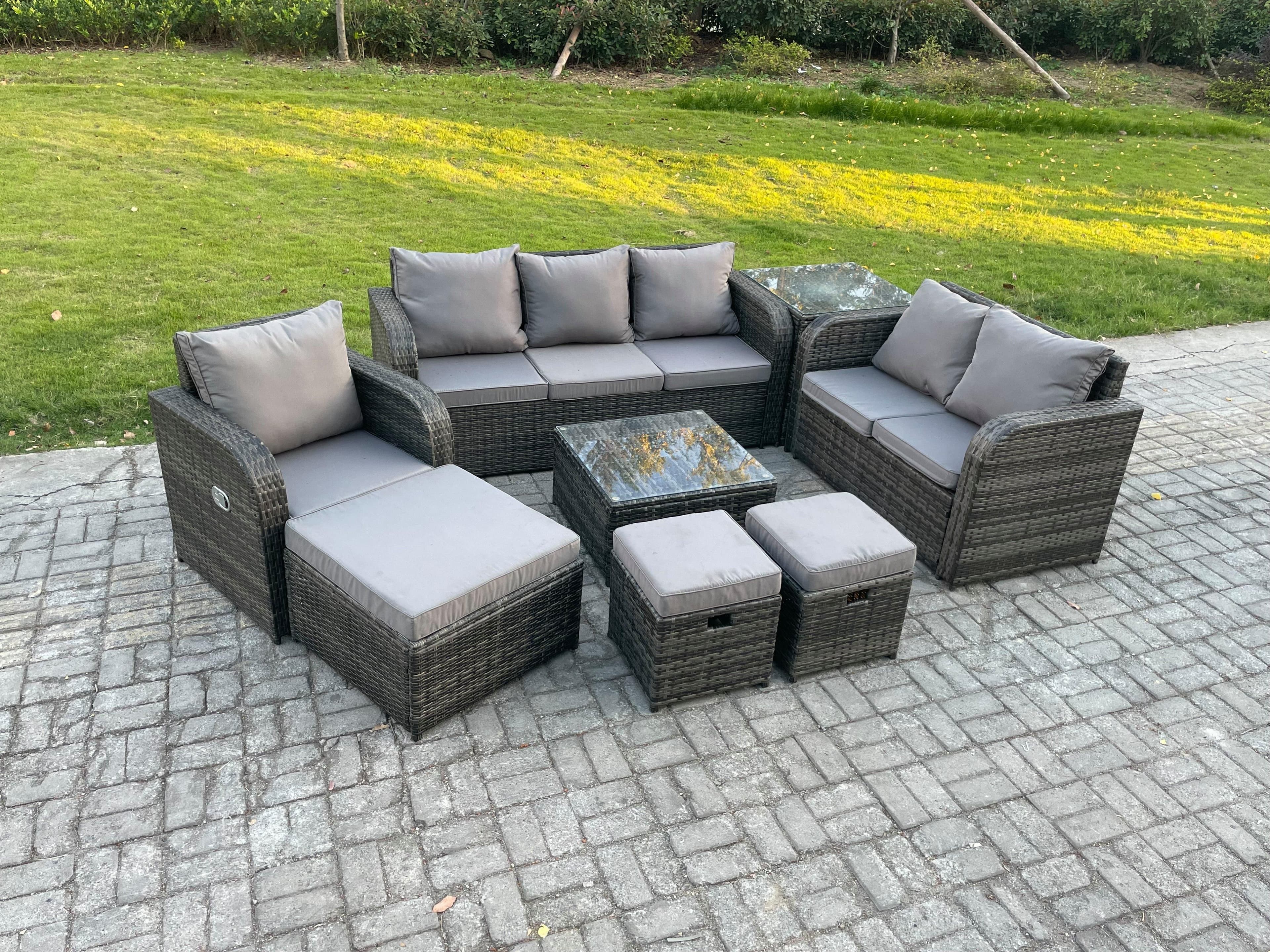 Rattan Garden Furniture Set Table Sofa Square Coffee Table Reclining Chair Love seat sofa Side 3 Seater Sofa 3 Footstools