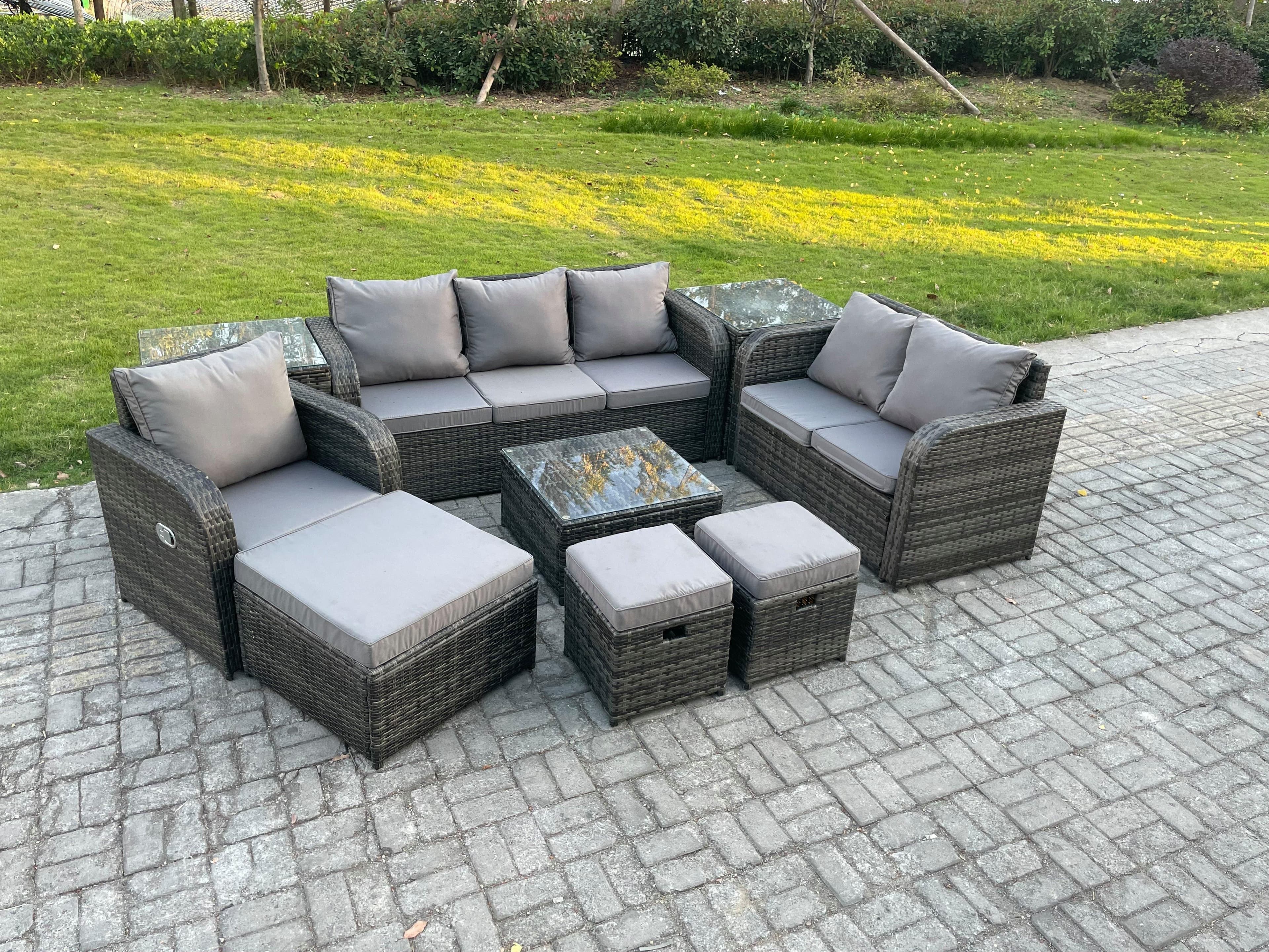 Rattan Garden Furniture 9 Piece Patio Set Table Sofa Square Coffee Table Reclining Chair Side 3 Seater Sofa 3 Footstools