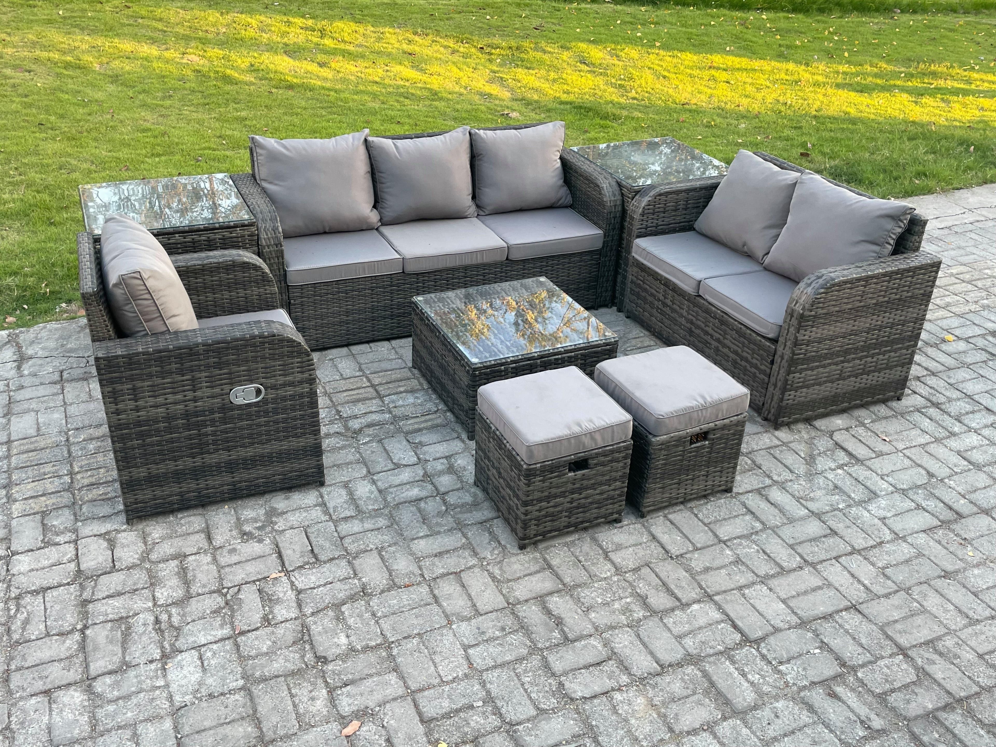 Indoor Outdoor Rattan Garden Furniture 8 Seater Set Table Sofa Chair Patio Conservatory Cushions 2 Small Footstools
