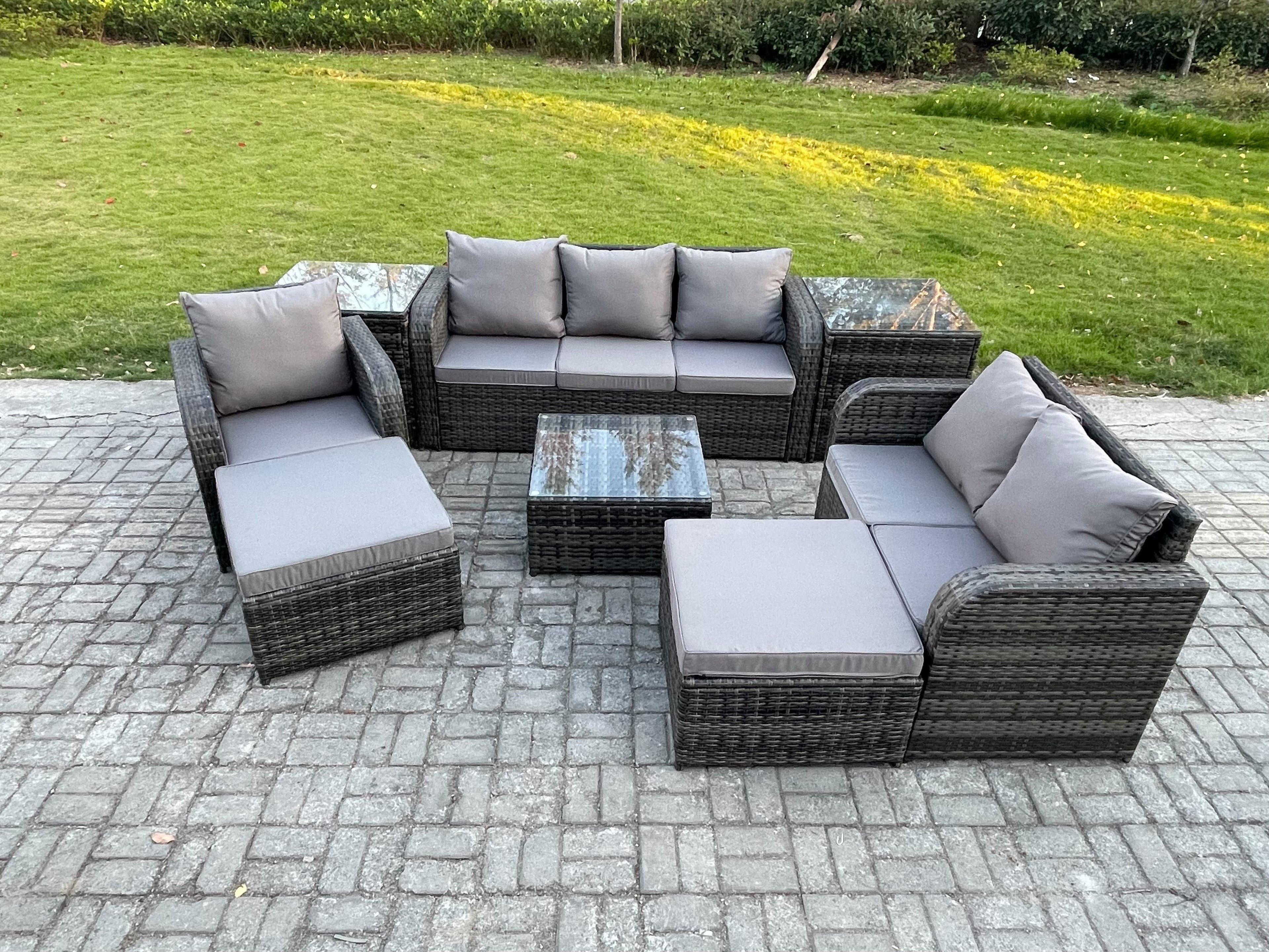 Indoor Outdoor Rattan Garden Furniture 8 Seater Set Table Sofa Chair Conservatory Cushions 2 Big Footstool