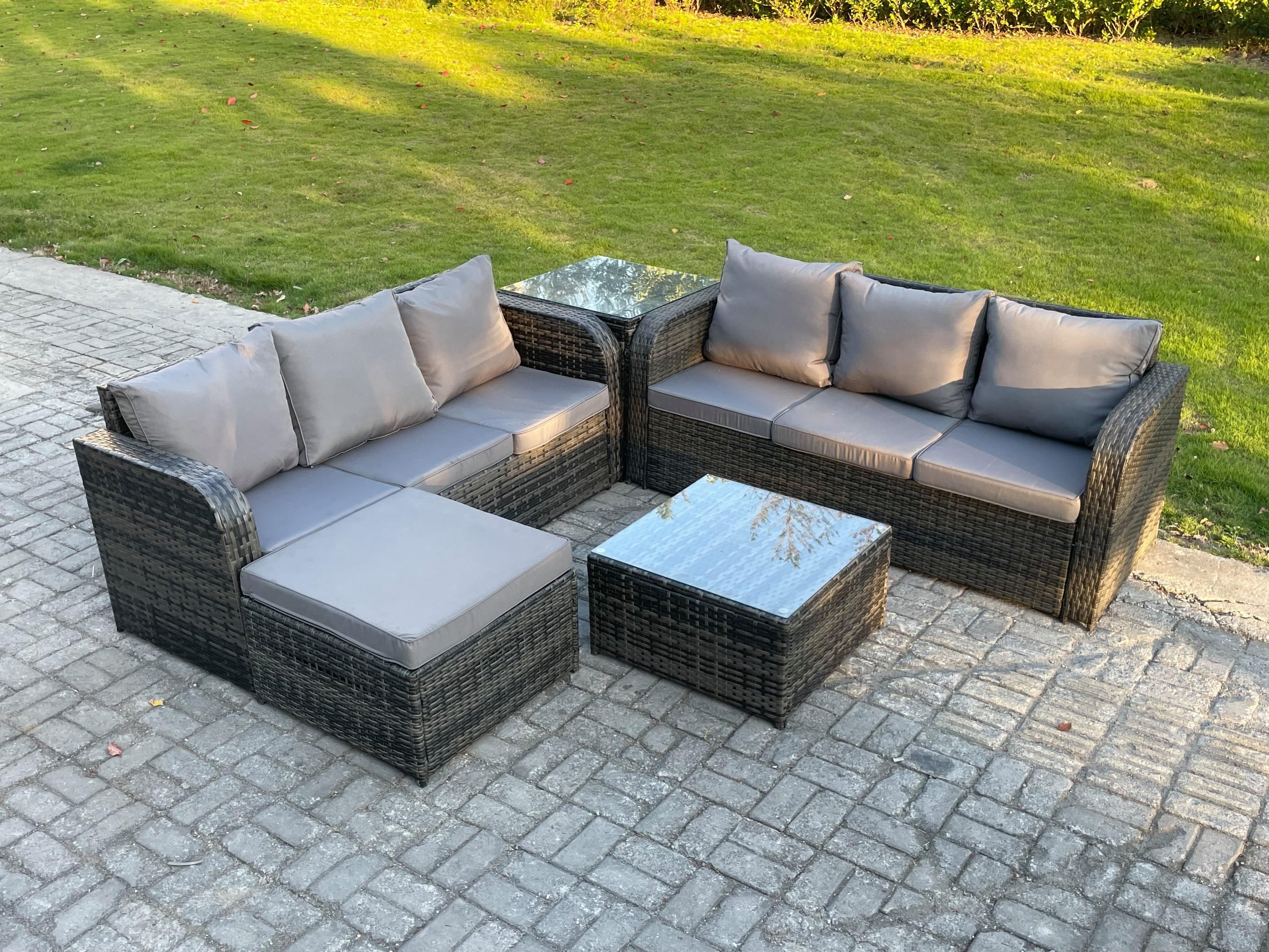 Indoor Outdoor Rattan Garden Furniture 7 Seater Set Table Sofa Chair Patio Conservatory Cushions Big Footstool Side Table