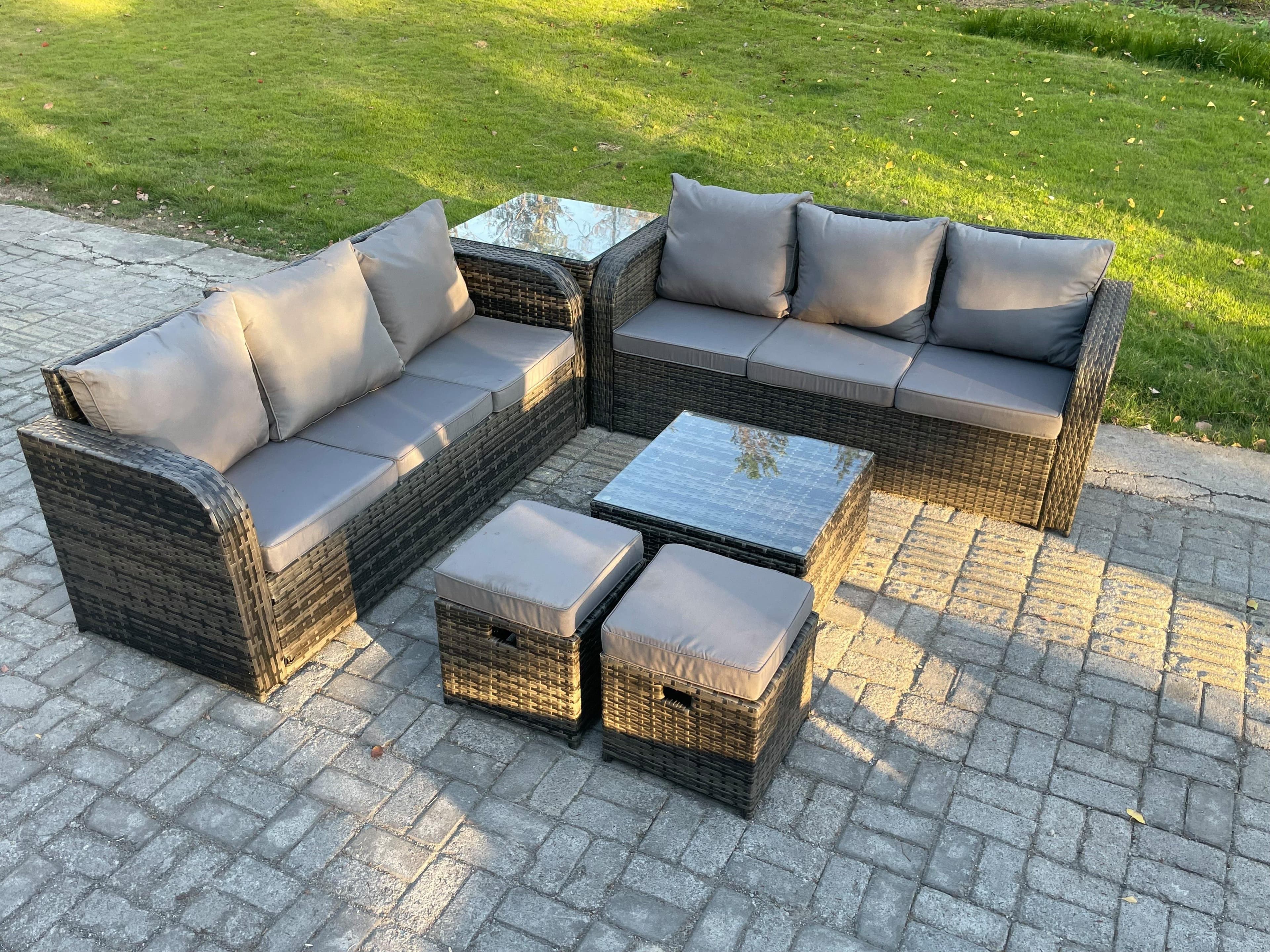 Indoor Outdoor Rattan Garden Furniture 8 Seater Set Table Sofa Chair Patio Conservatory Cushions Side Table 2 Small Footstools