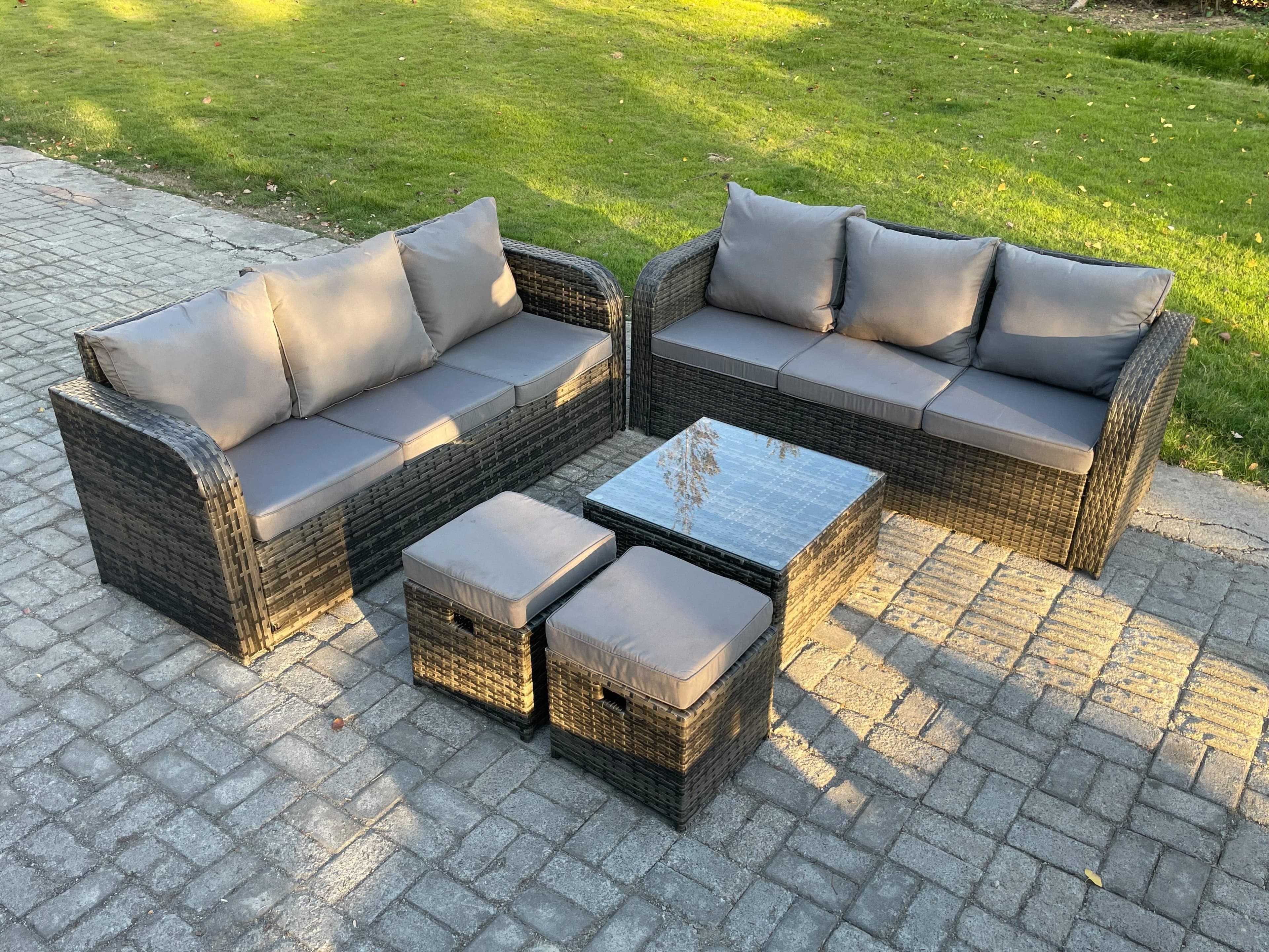 Indoor Outdoor Rattan Garden Furniture 8 Seater Set Table Sofa Chair Patio Conservatory Cushions 2 Small Footstools