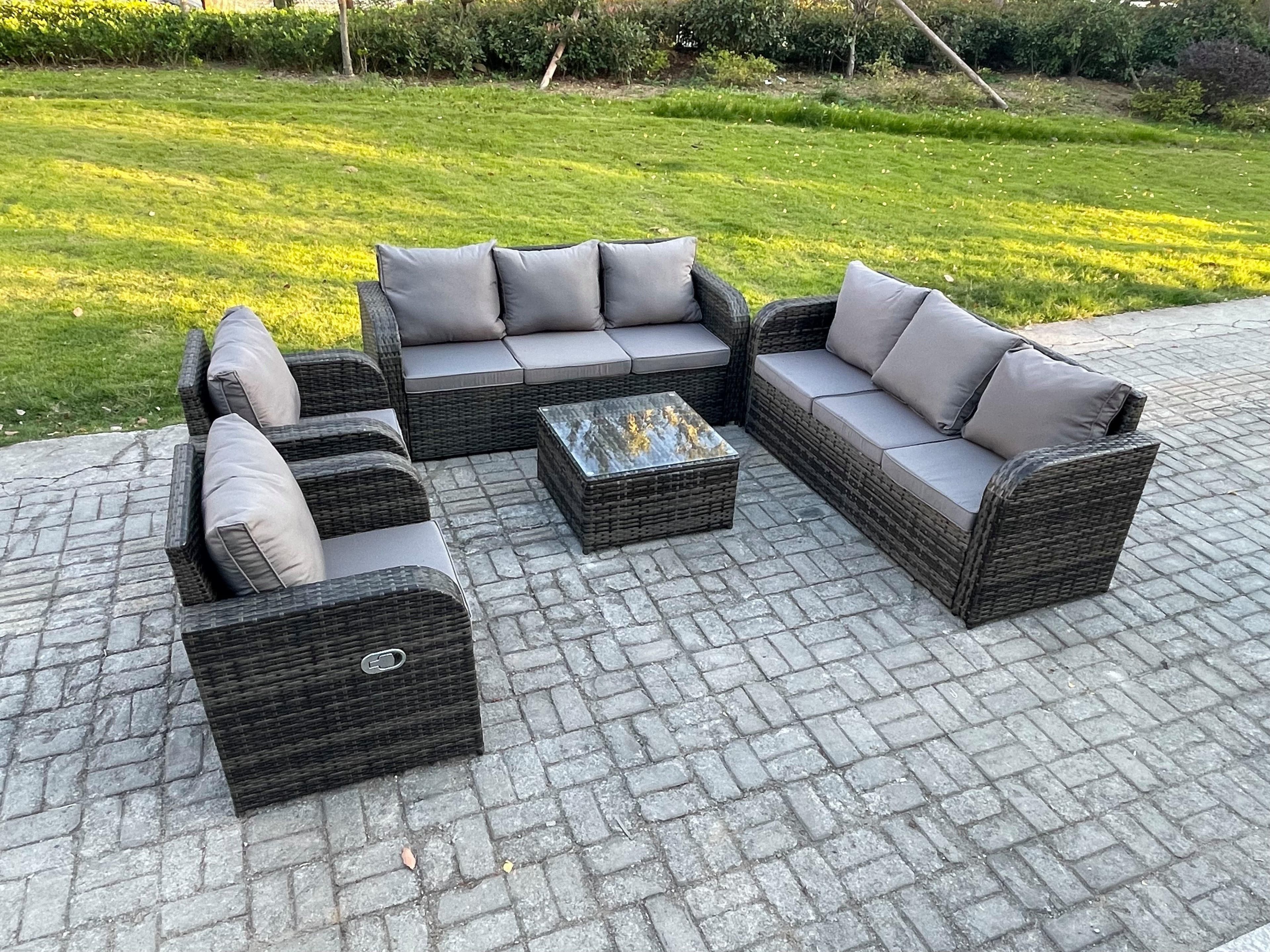 High Back Rattan Garden Furniture Set Square Coffee Table Indoor Outdoor Patio Lounge Sofa Set Dark Grey Mixed