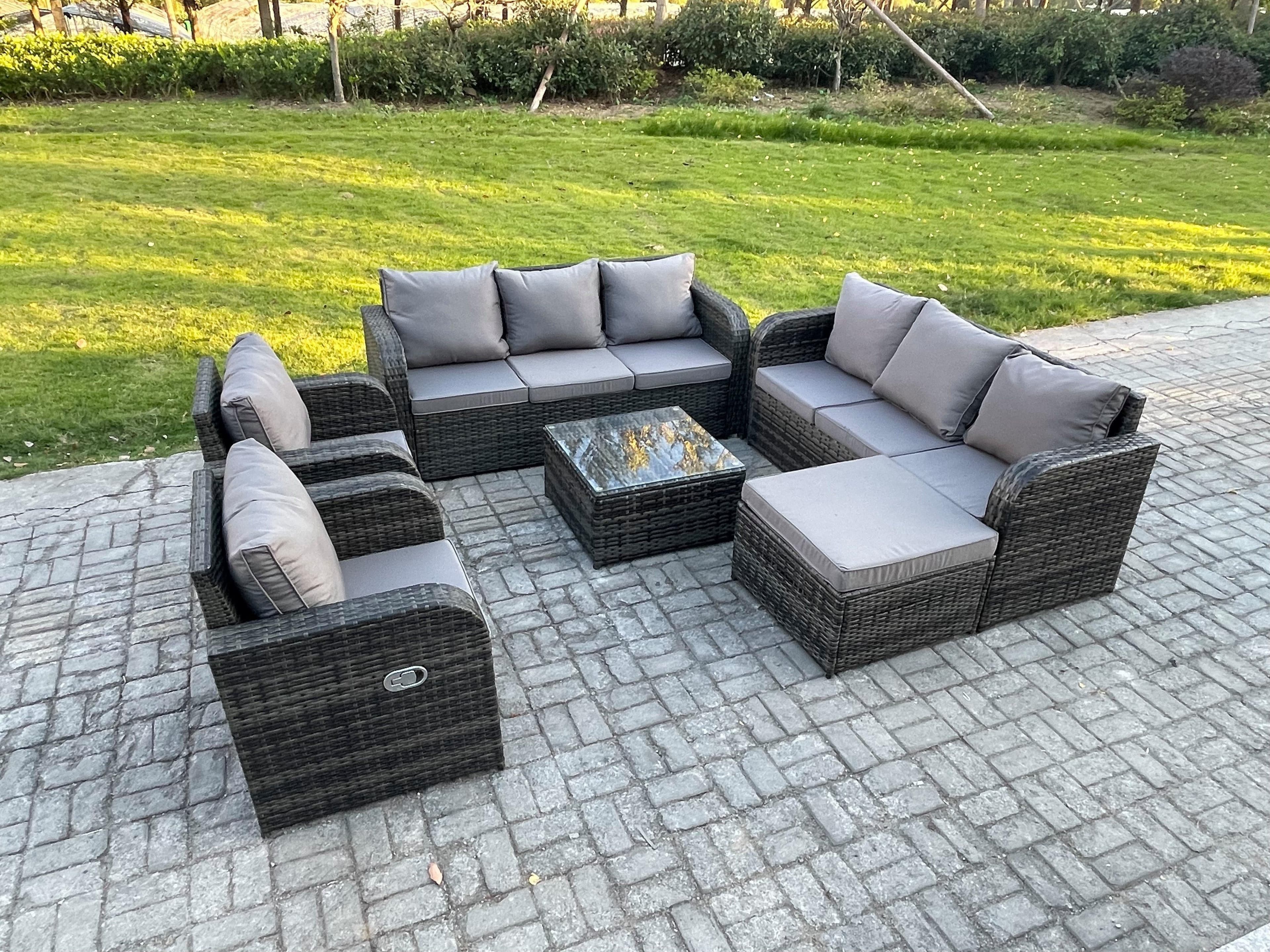 High Back Rattan Garden Furniture Set Square Coffee Table Big Footstool Indoor Outdoor Patio Lounge Sofa Set Dark Grey Mixed