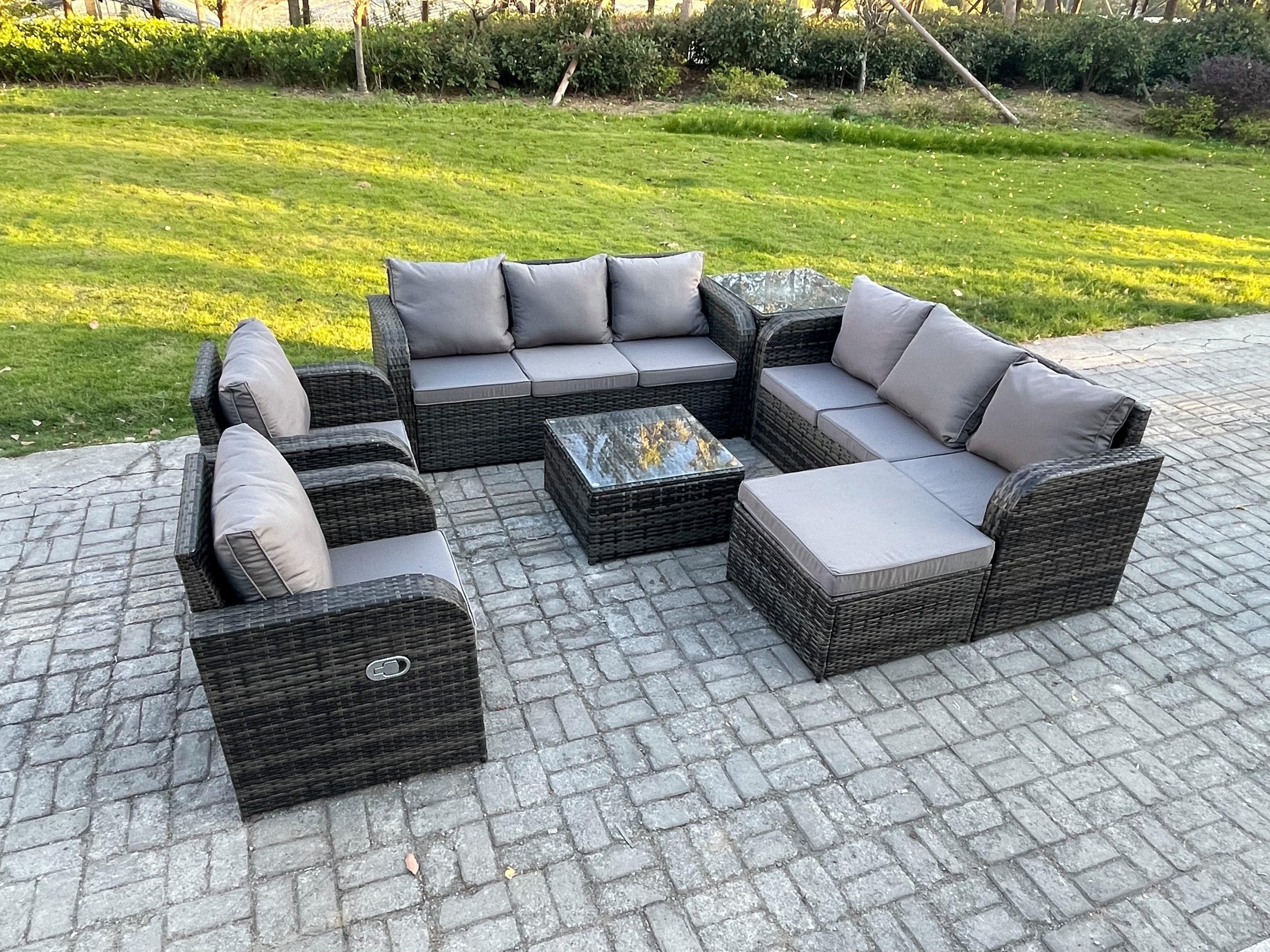 High Back Rattan Garden Furniture Set Coffee Table Big Footstool Side Table Indoor Outdoor Patio Lounge Sofa Set Dark Grey Mixed