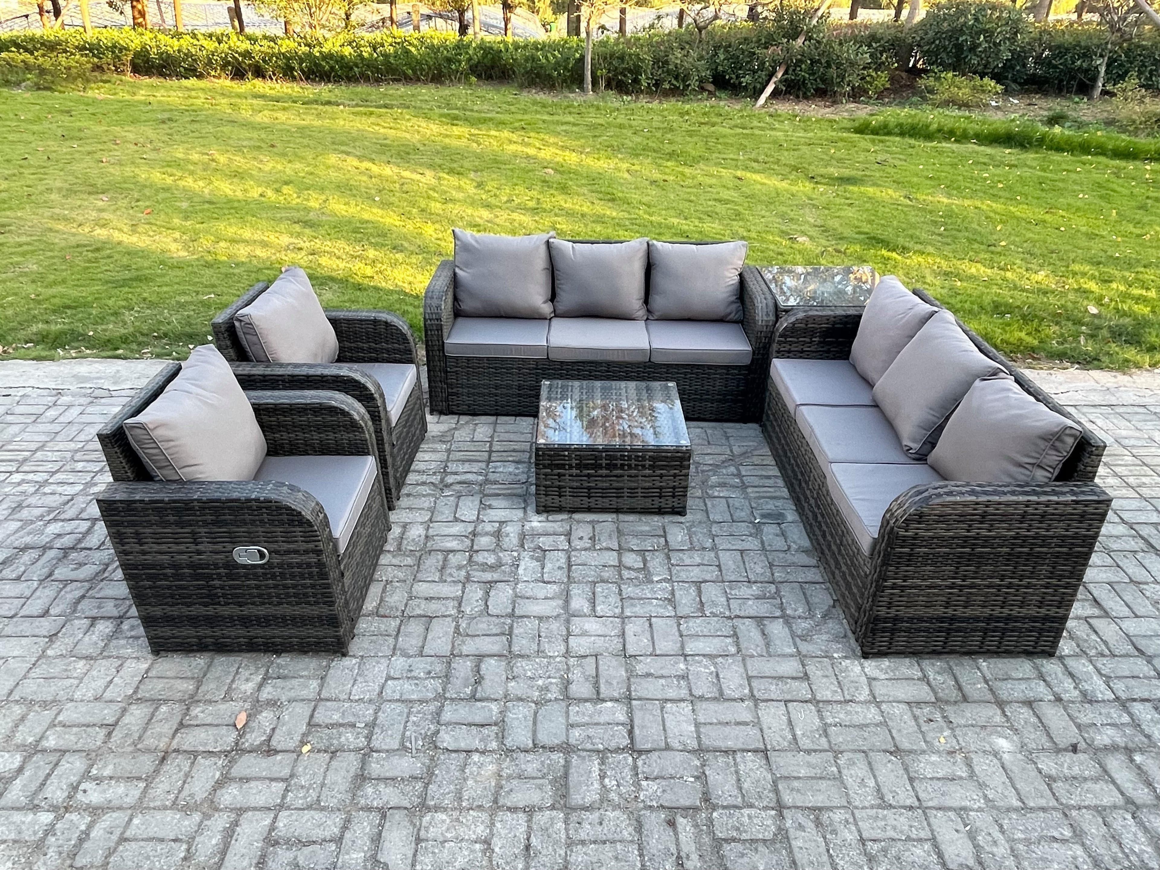 High Back Rattan Garden Furniture Set Square Coffee Table Side Table Indoor Outdoor Patio Lounge Sofa Set Dark Grey Mixed