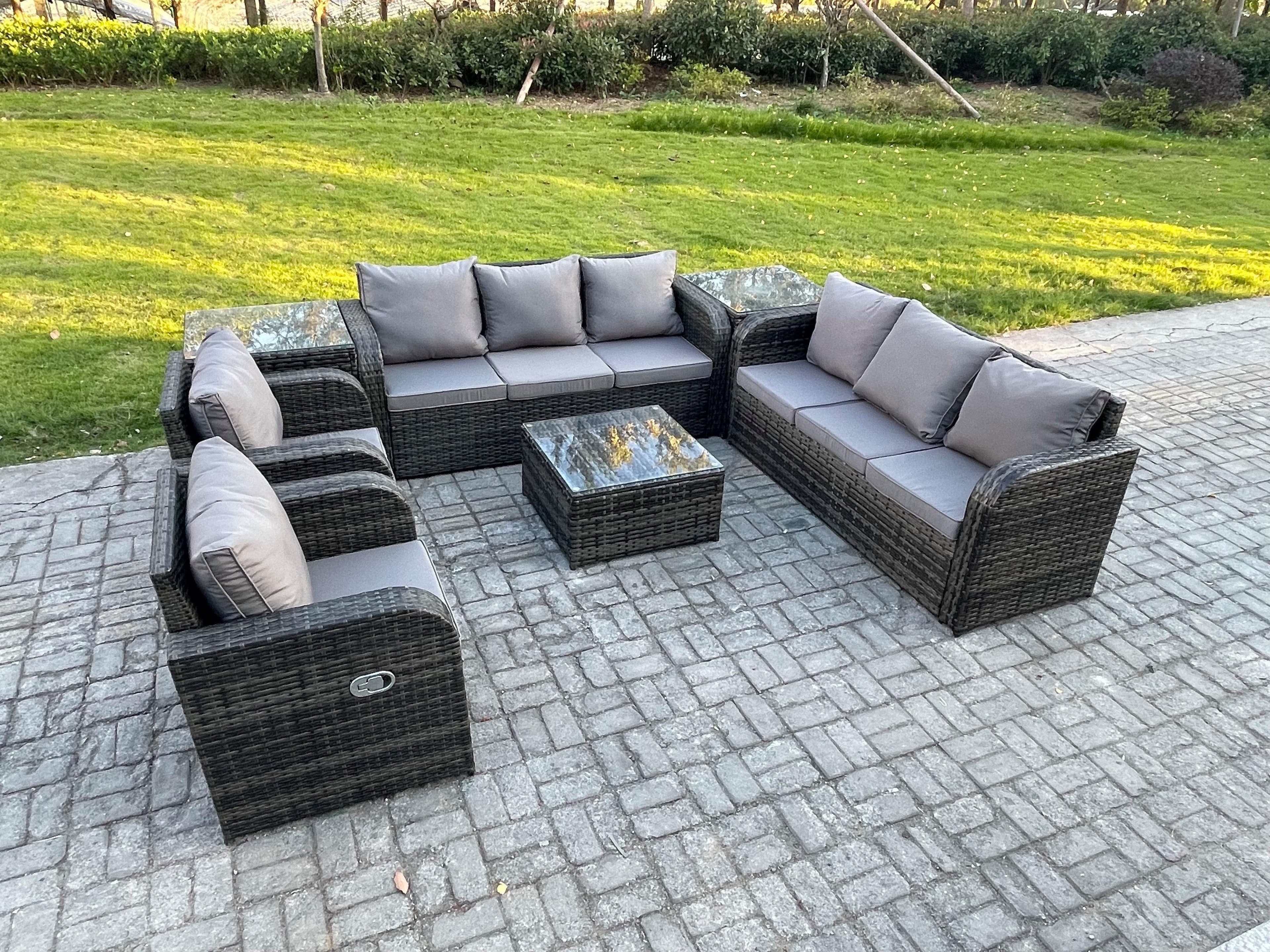High Back Rattan Garden Furniture Set Square Coffee Table 2 Side Tables Indoor Outdoor Patio Lounge Sofa Set Dark Grey Mixed