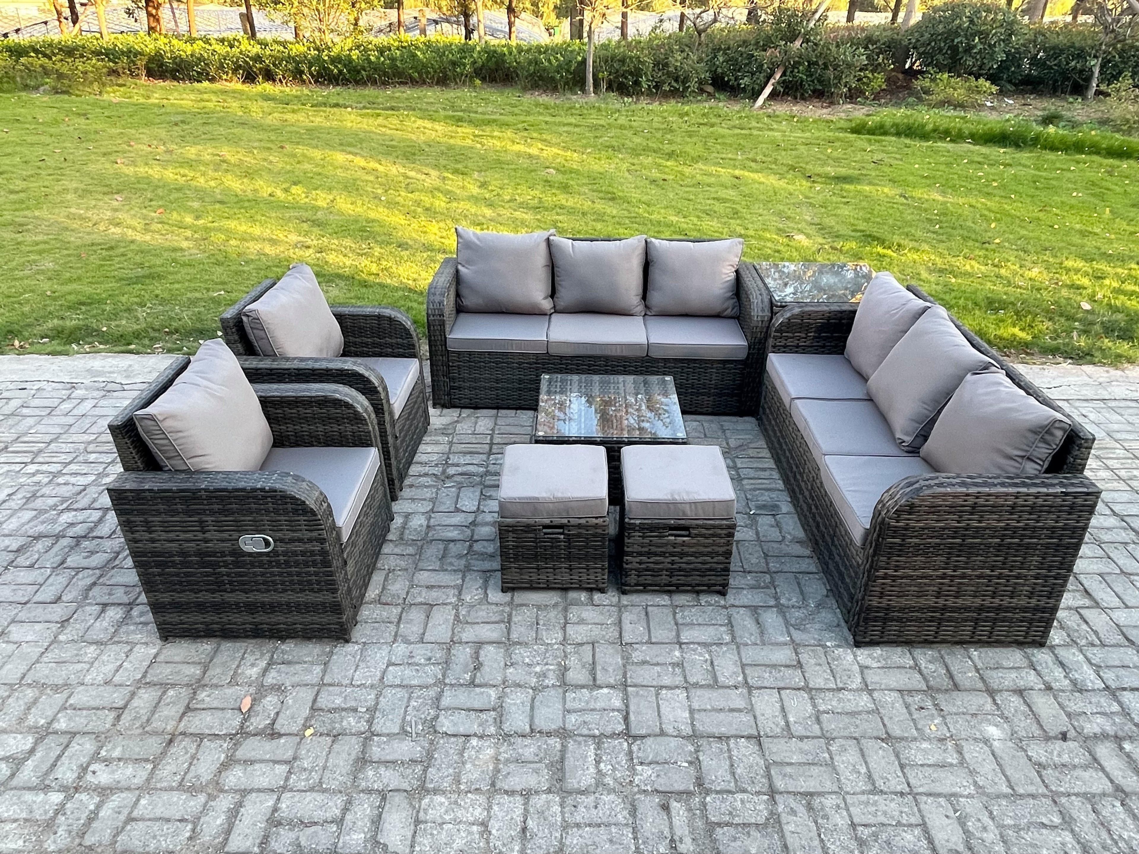 High Back Rattan Garden Furniture Set Square Coffee Table Side Table 2 Small Footstools Indoor Outdoor Patio Lounge Sofa Set
