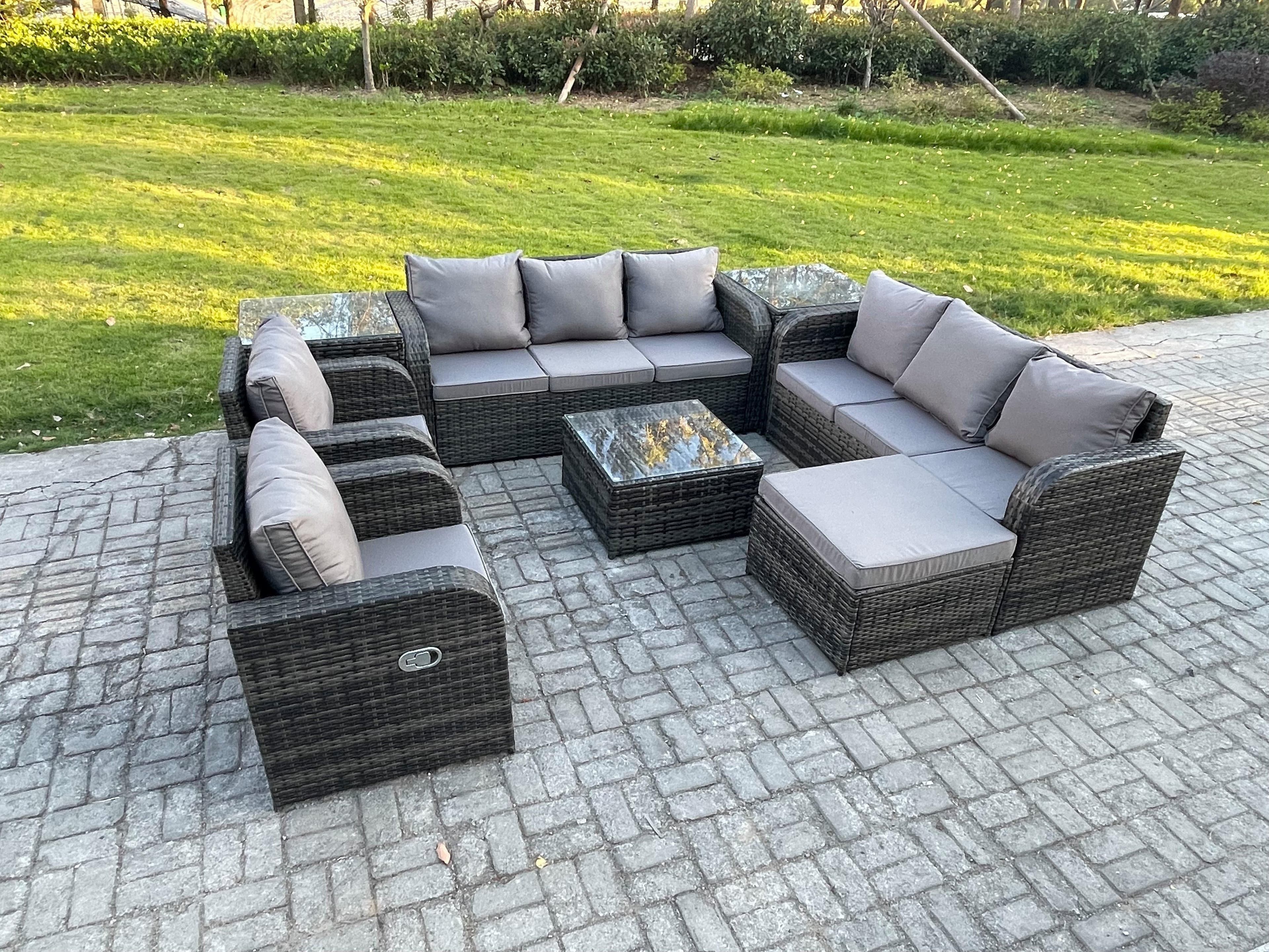 High Back Rattan Garden Furniture Set Square Coffee Table 2 Side Tables Big Footstool Indoor Outdoor Patio Lounge Sofa Set