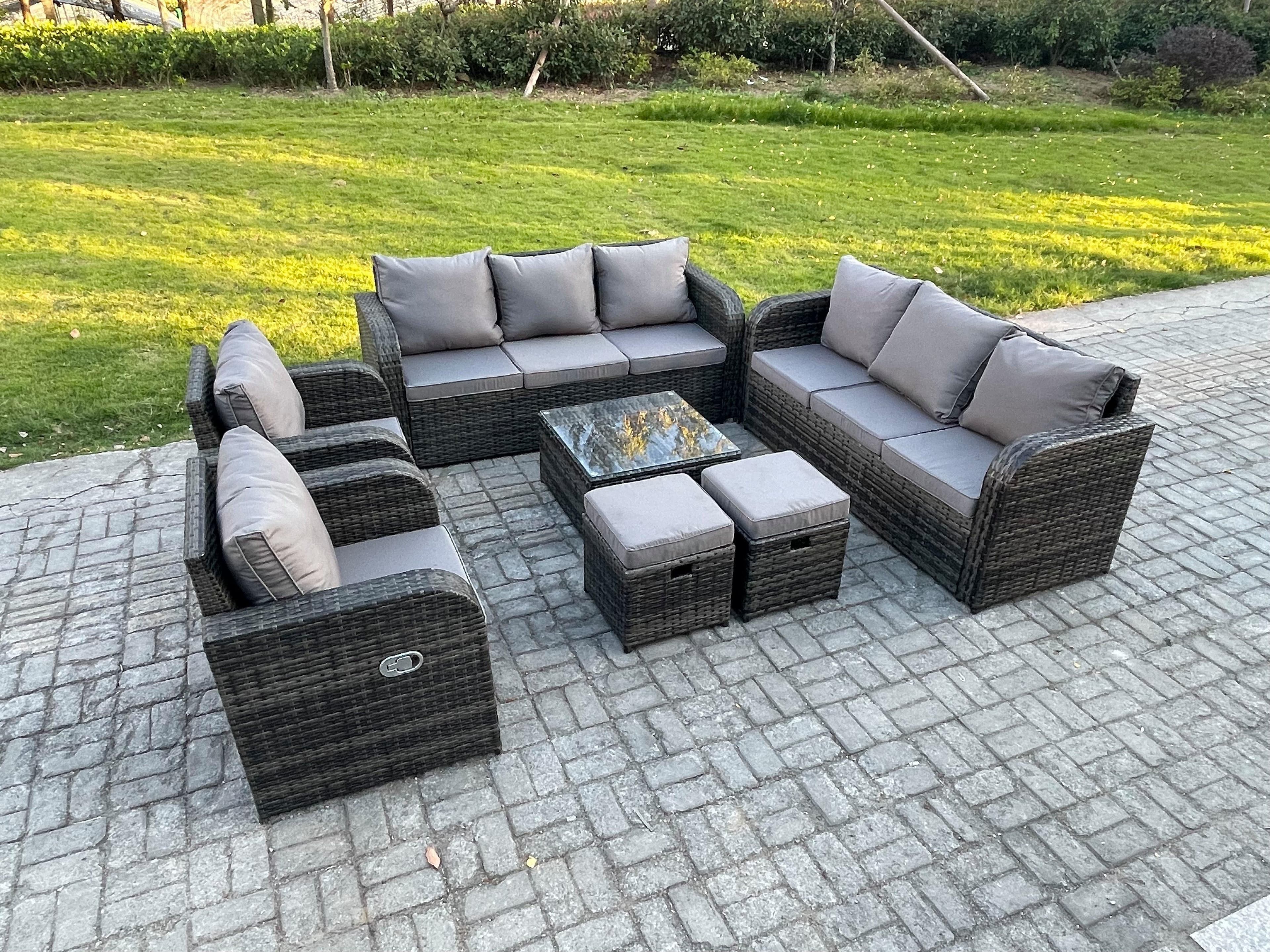High Back Rattan Garden Furniture Set Square Coffee Table 2 Small Footstools Indoor Outdoor Patio Lounge Sofa Set Dark Grey Mixed