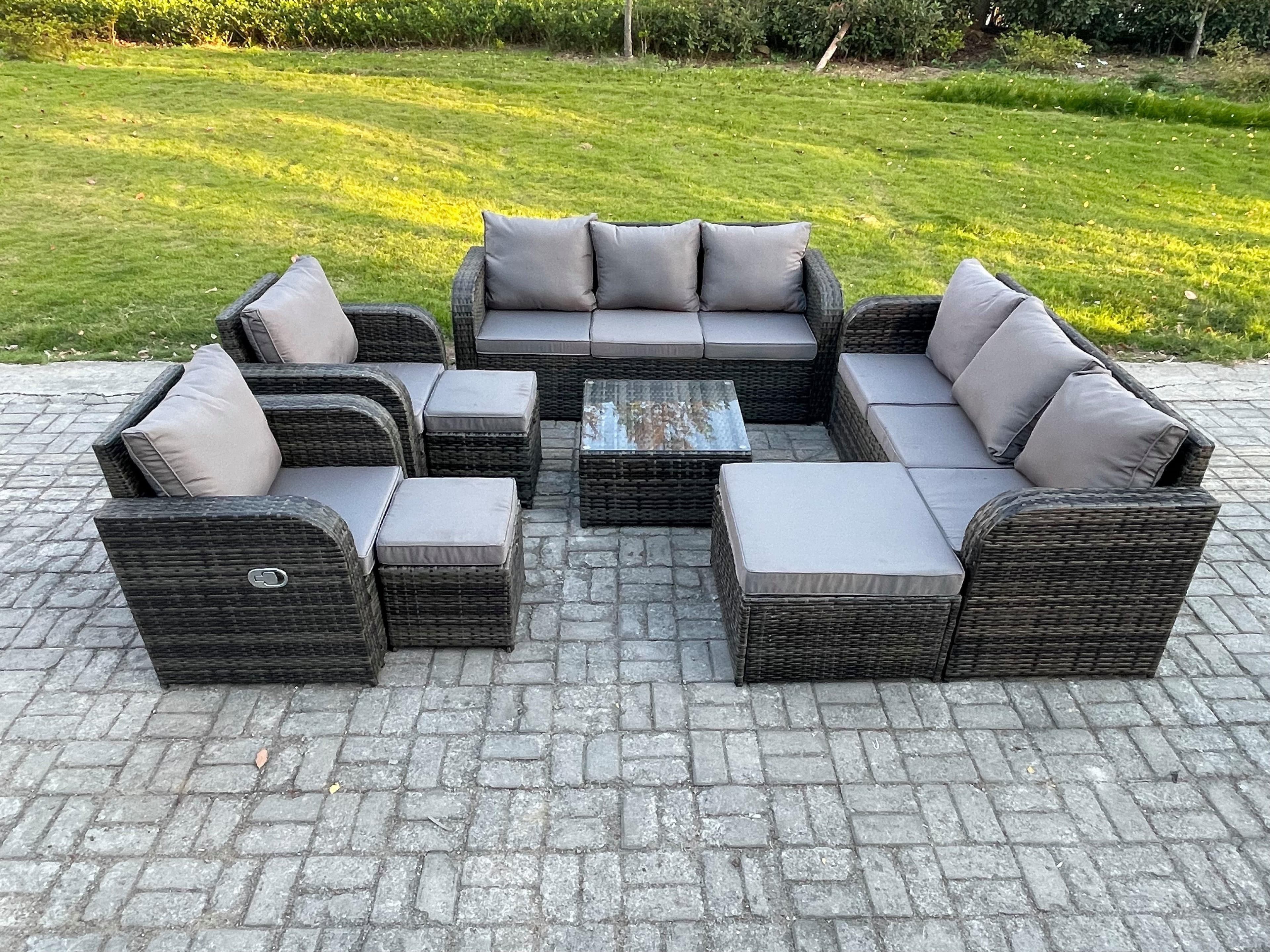 High Back Rattan Garden Furniture Set Square Coffee Table 3 Footstools Indoor Outdoor Patio Lounge Sofa Set Dark Grey Mixed
