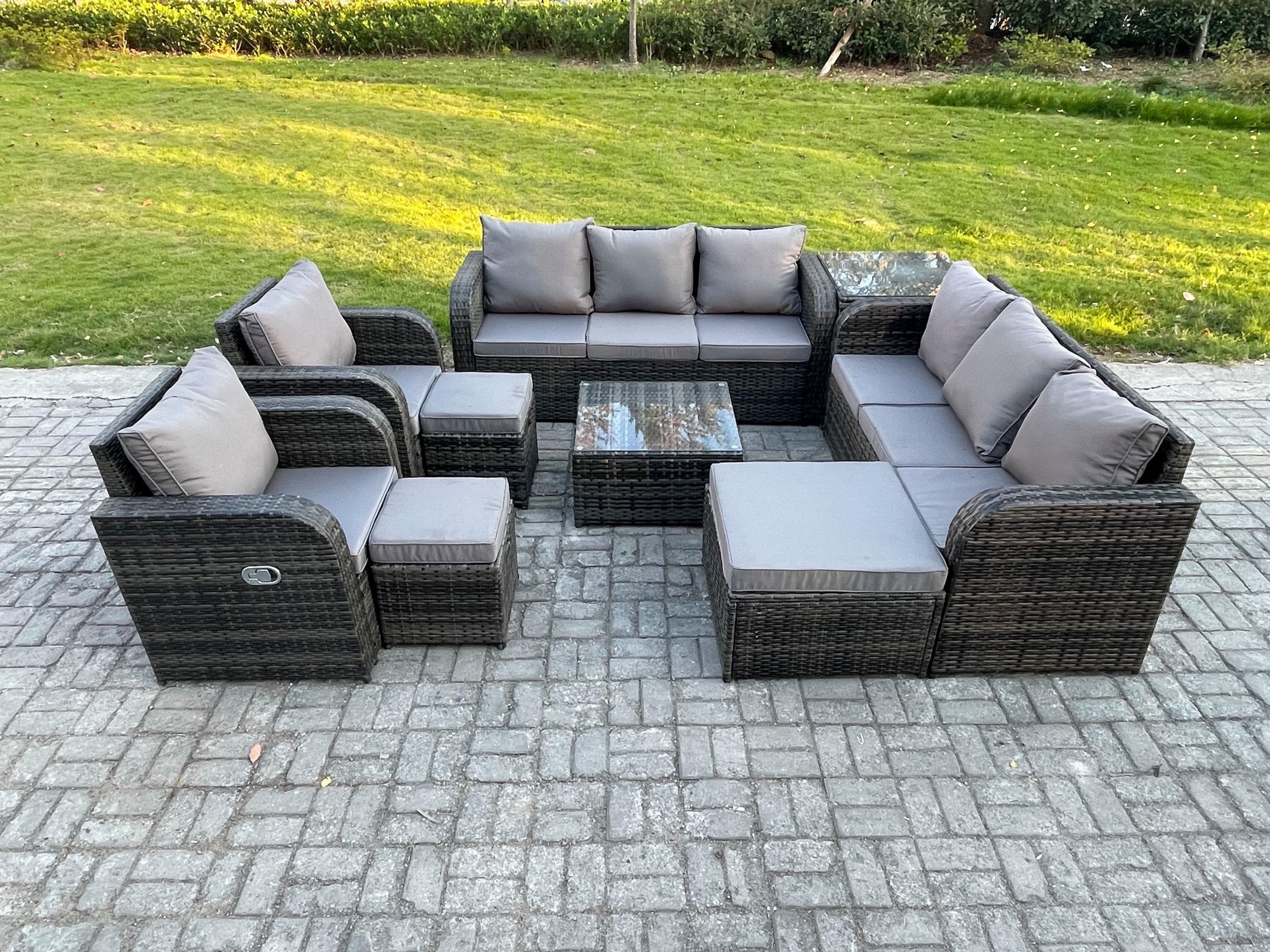 High Back Rattan Garden Furniture Set Square Coffee Table 3 Footstools Side Table Indoor Outdoor Patio Lounge Sofa Set
