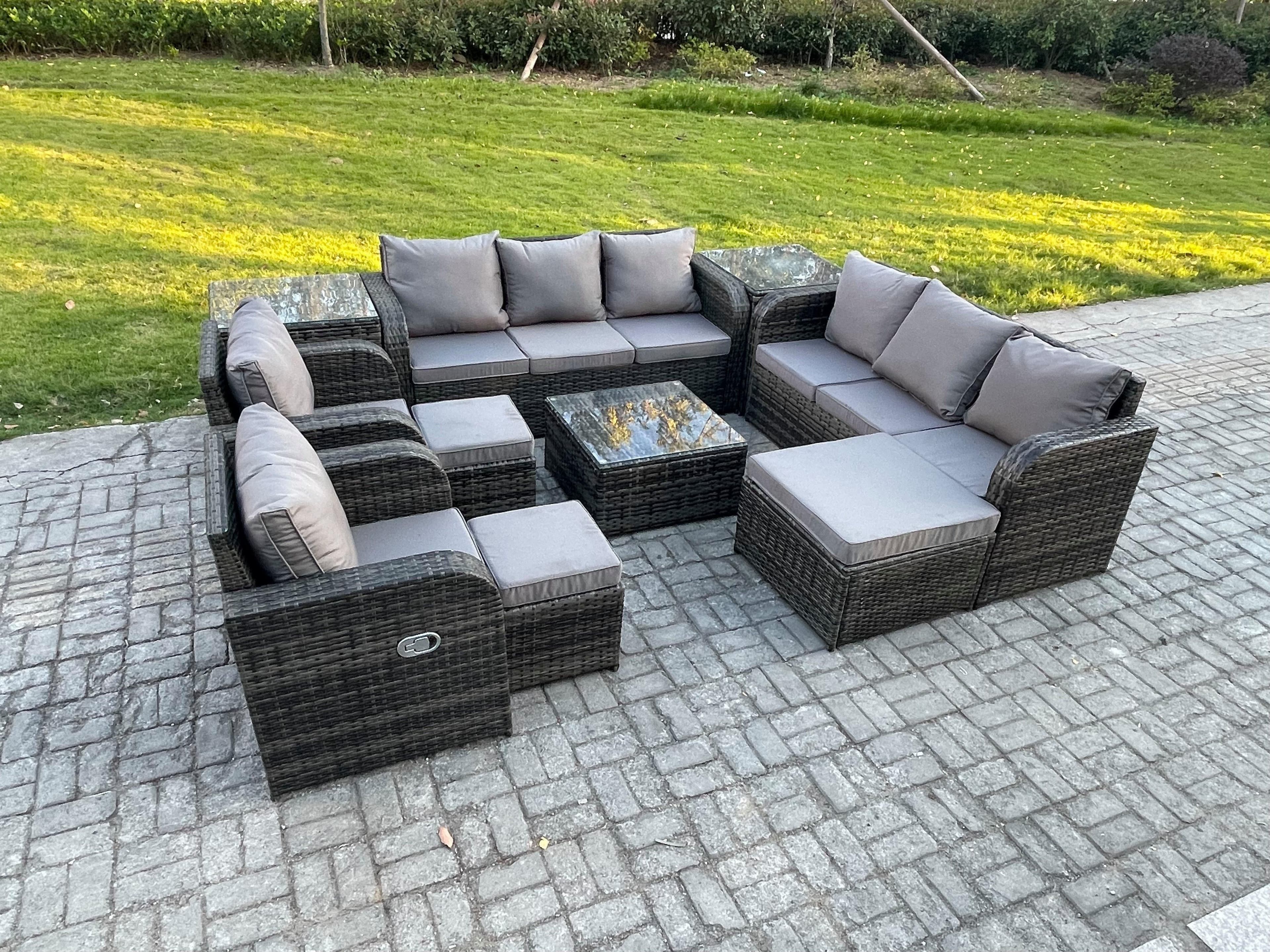 High Back Rattan Garden Furniture Set Square Coffee Table 3 Footstools 2 Side Tables Indoor Outdoor Patio Lounge Sofa Set