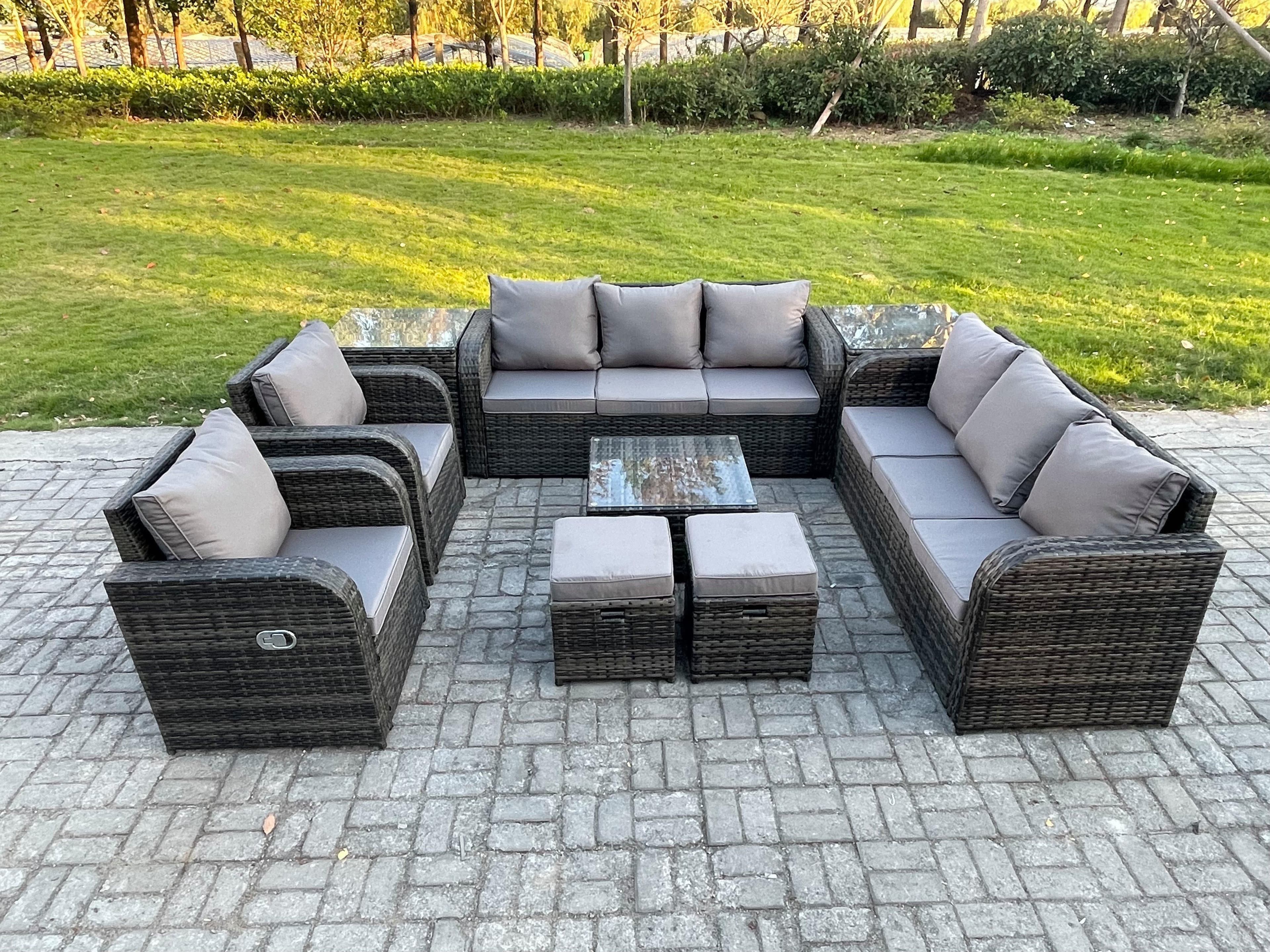 High Back Rattan Garden Furniture Set Square Coffee Table 2 Small Footstools 2 Side Tables Indoor Outdoor Patio Lounge Sofa Set