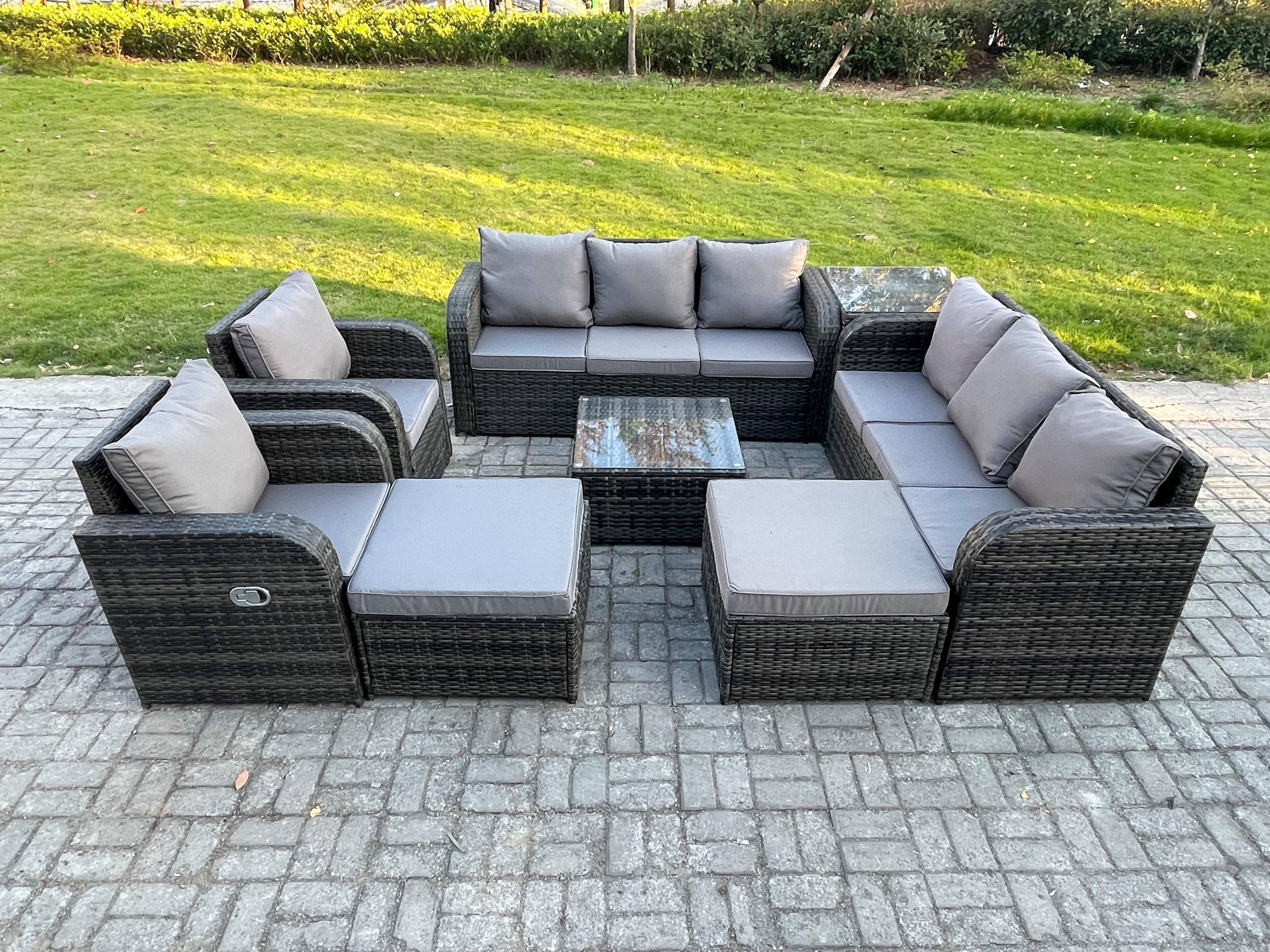High Back Rattan Garden Furniture Set Square Coffee Table 2 Big Footstool Side Table Indoor Outdoor Patio Lounge Sofa Set