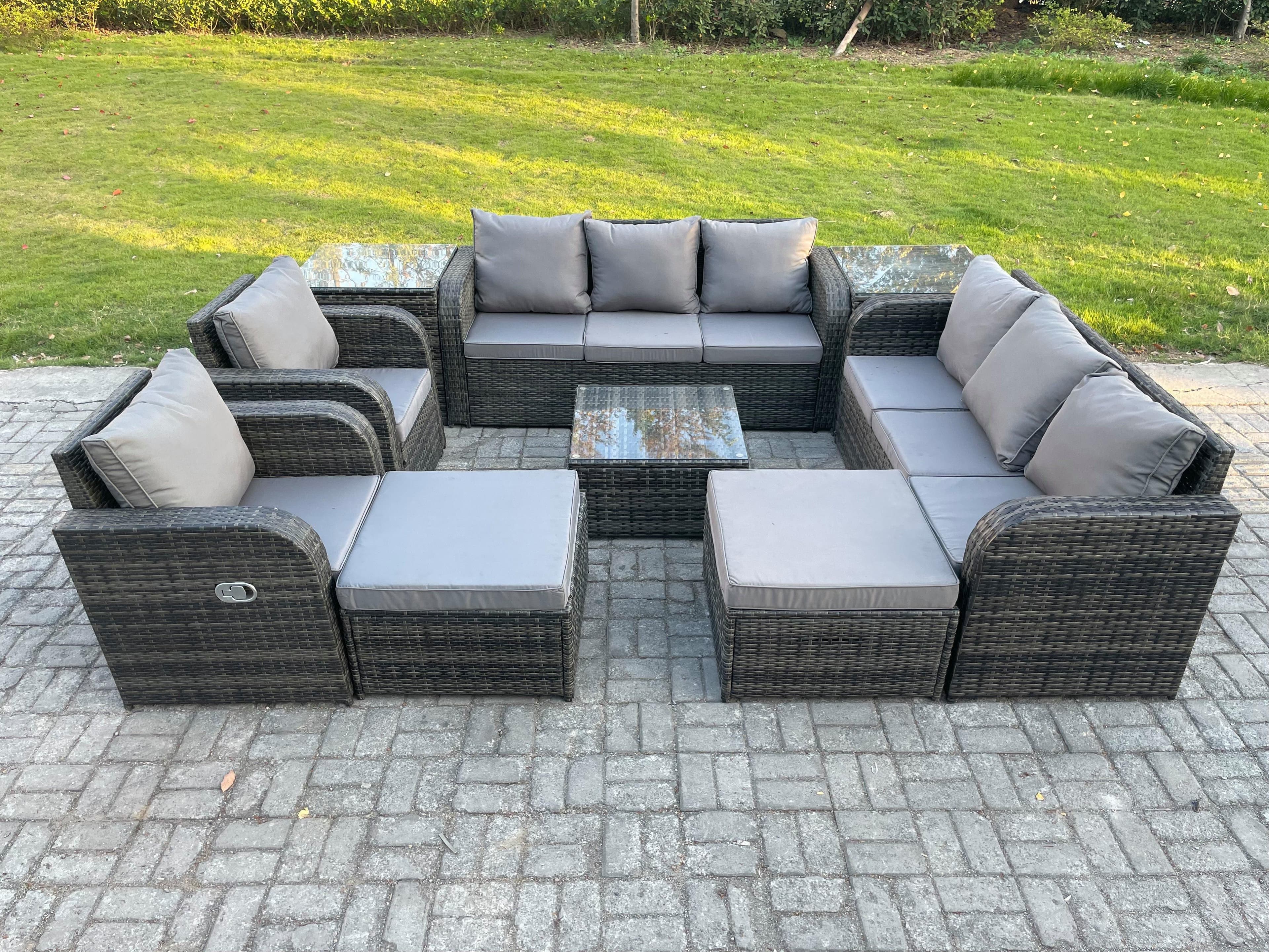 High Back Rattan Garden Furniture Set Square Coffee Table 2 Big Footstool 2 Side Tables Indoor Outdoor Patio Lounge Sofa Set