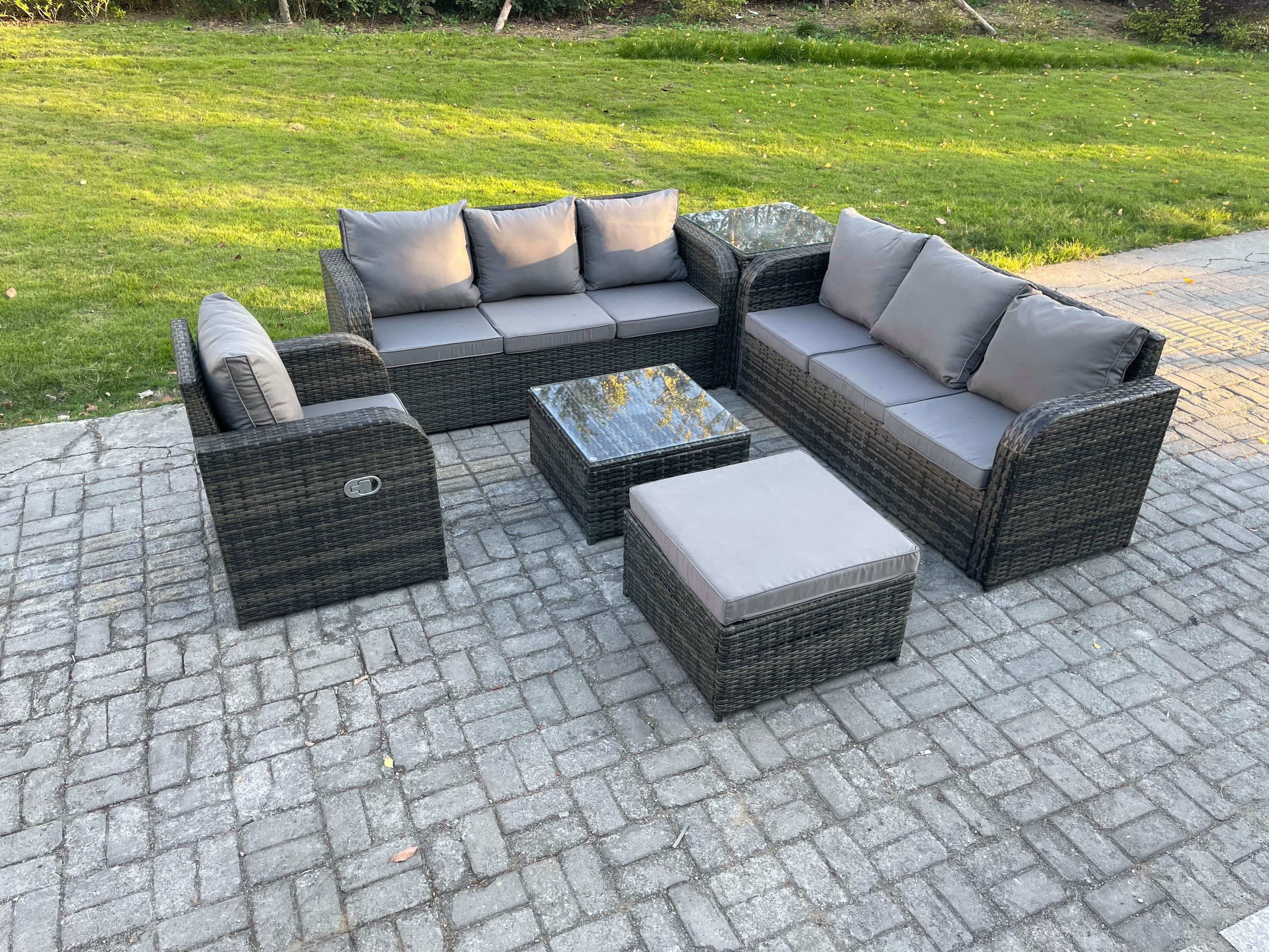 Outdoor Rattan Garden Furniture Set Conservatory Patio Sofa Coffee Table Reclining Chair Big Footstool Side Table