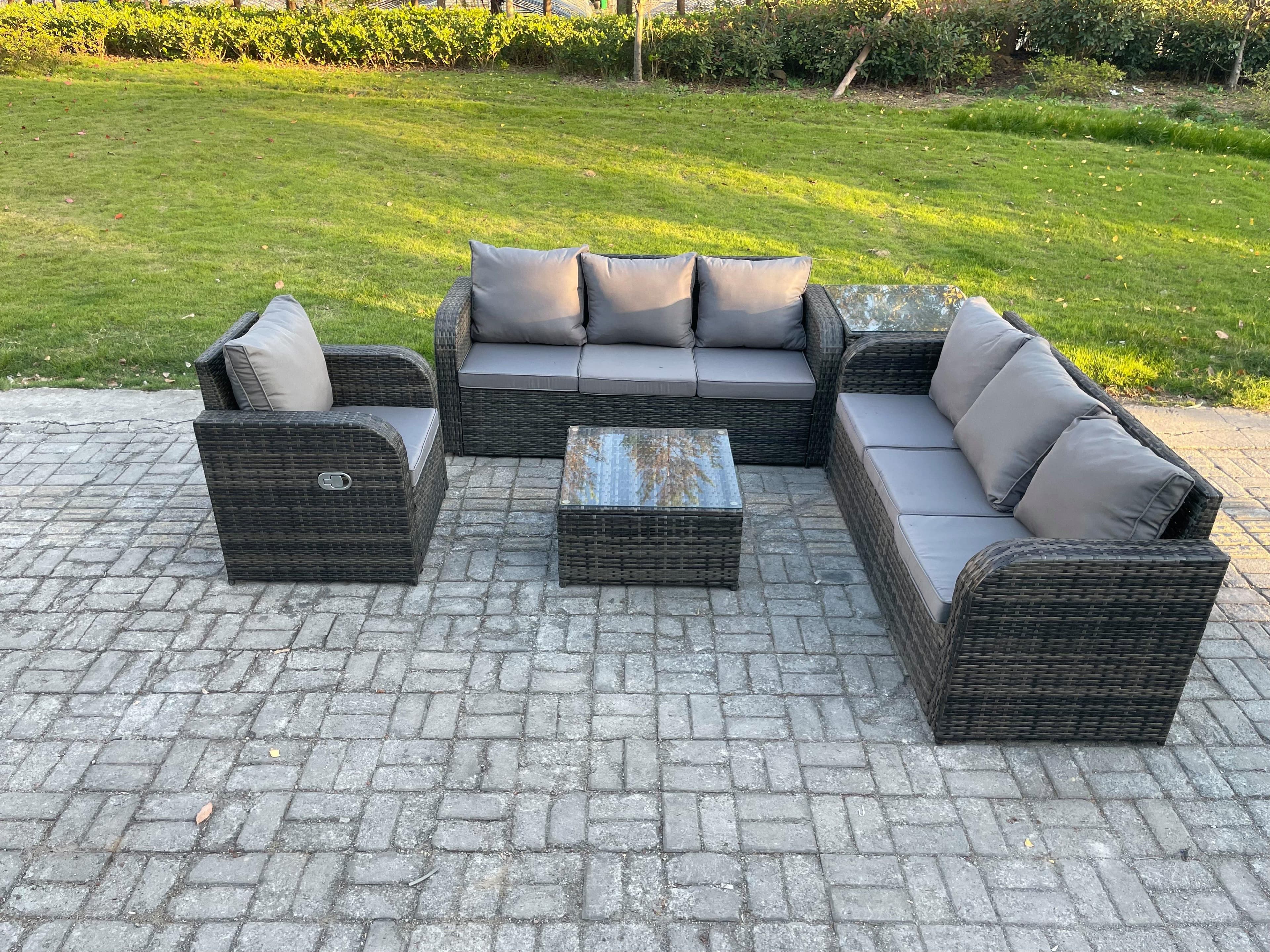 Outdoor Rattan Garden Furniture Set Conservatory Patio Sofa Coffee Table Reclining Chair Side Table Dark Grey Mixed