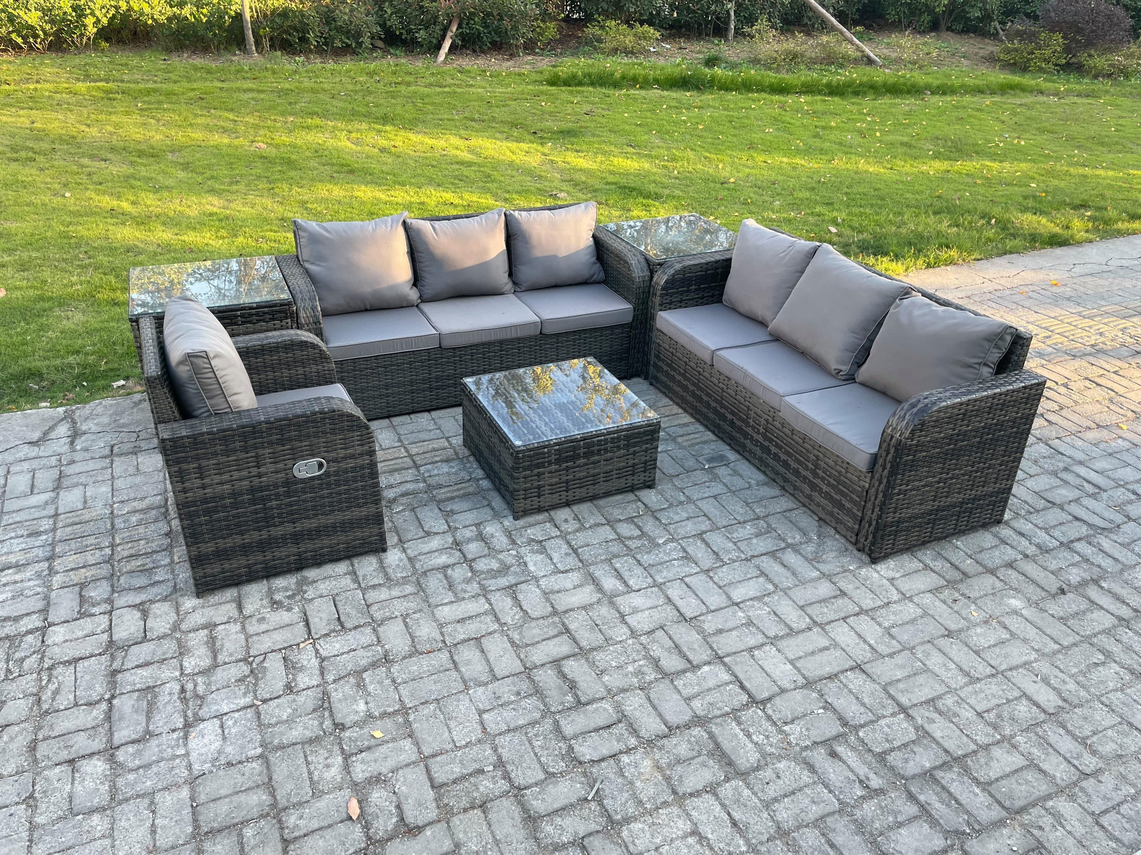 Outdoor Rattan Garden Furniture Set Conservatory Patio Sofa Coffee Table Reclining Chair 2 Side Tables Dark Grey Mixed