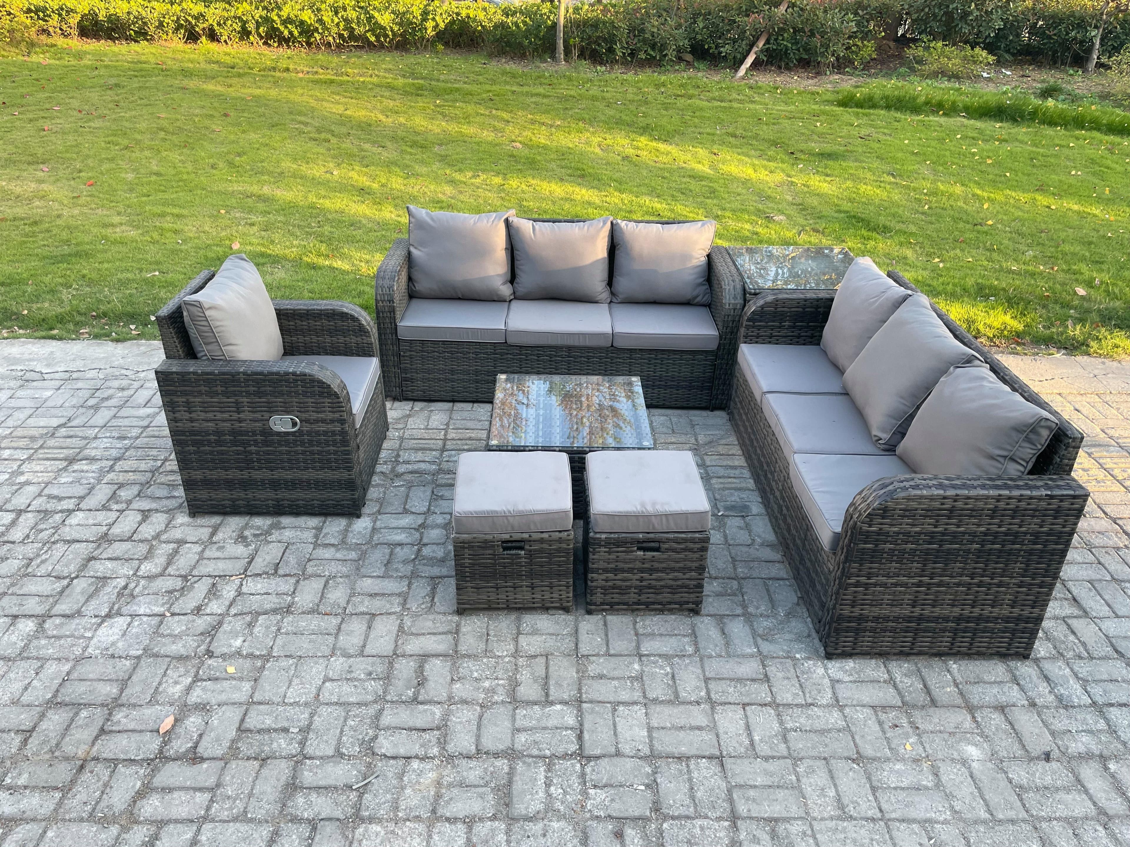 Outdoor Rattan Garden Furniture Set Conservatory Patio Sofa Coffee Table Reclining Chair Side Table 2 Small Footstools