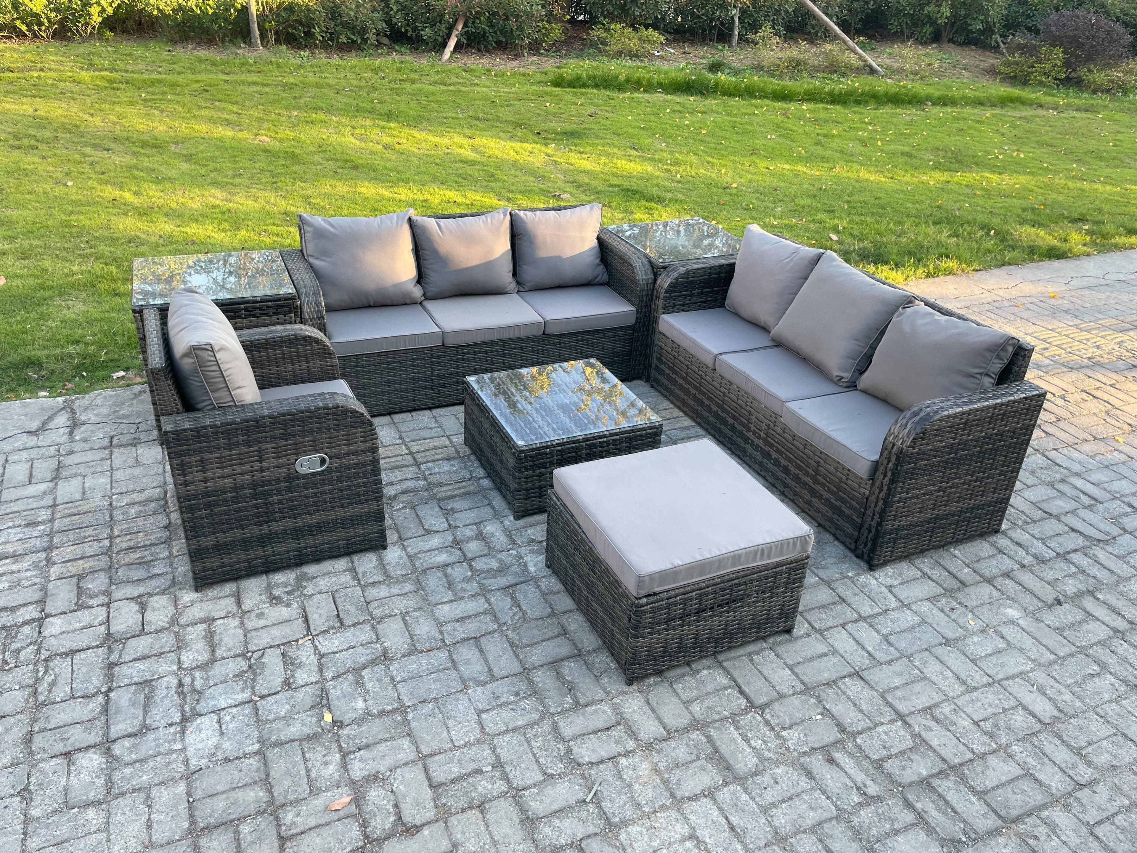 Outdoor Rattan Garden Furniture Set Conservatory Patio Sofa Coffee Table Reclining Chair 2 Side Tables Big Footstool