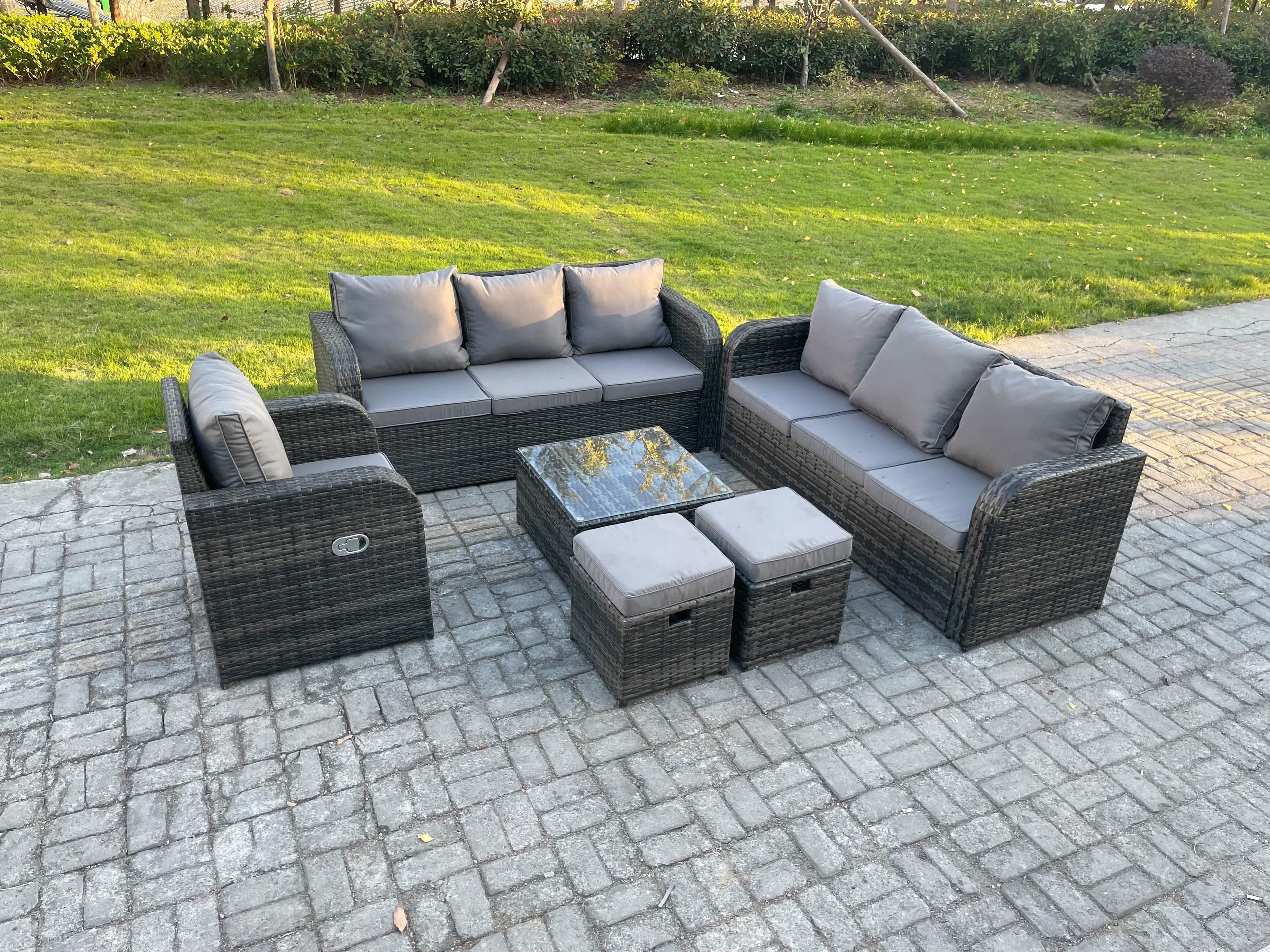 Outdoor Rattan Garden Furniture Set Conservatory Patio Sofa Coffee Table Reclining Chair 2 Small Footstools Dark Grey Mixed