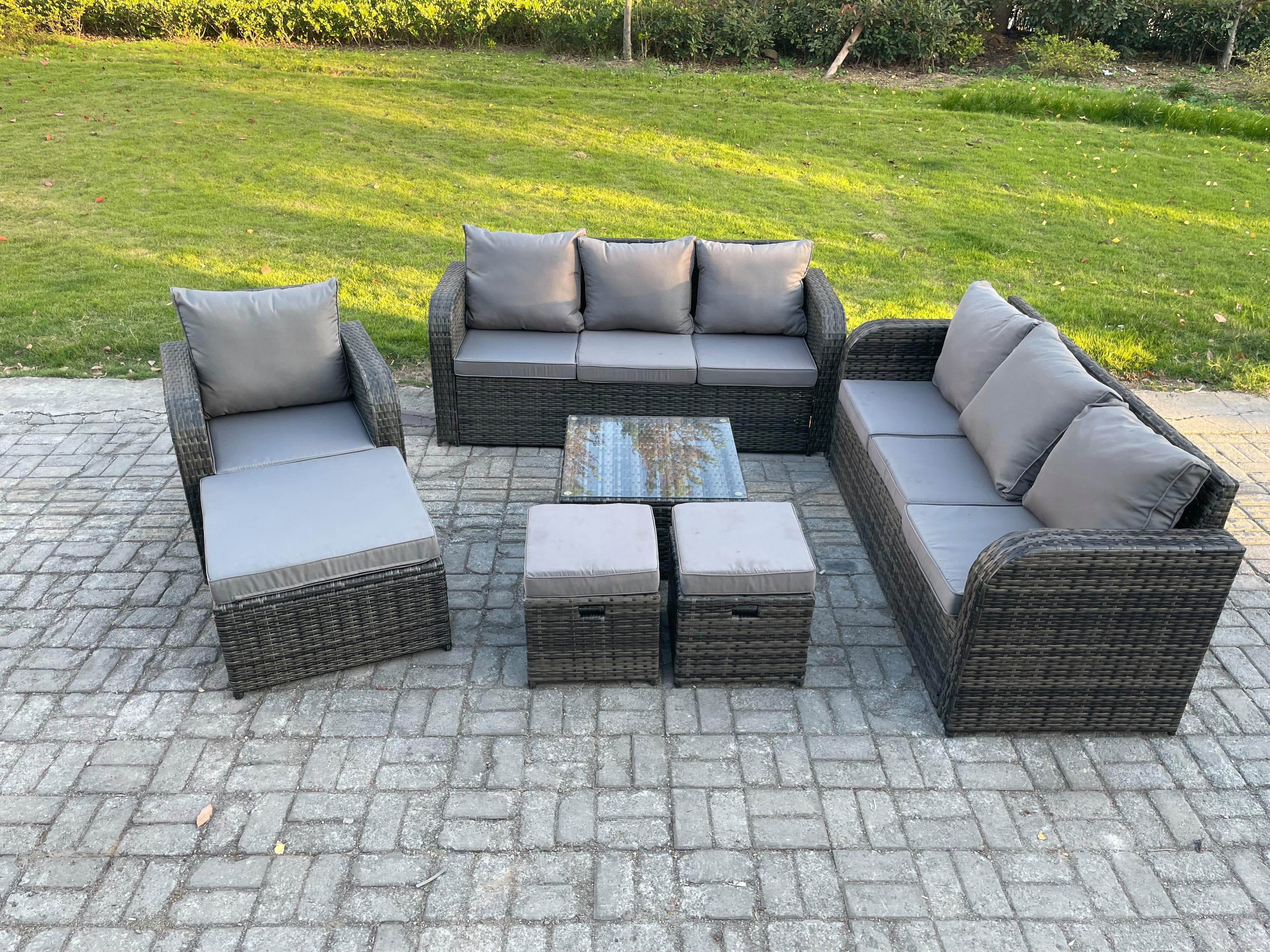 Outdoor Rattan Garden Furniture Set Conservatory Patio Sofa Coffee Table Reclining Chair 3 Footstools Dark Grey Mixed