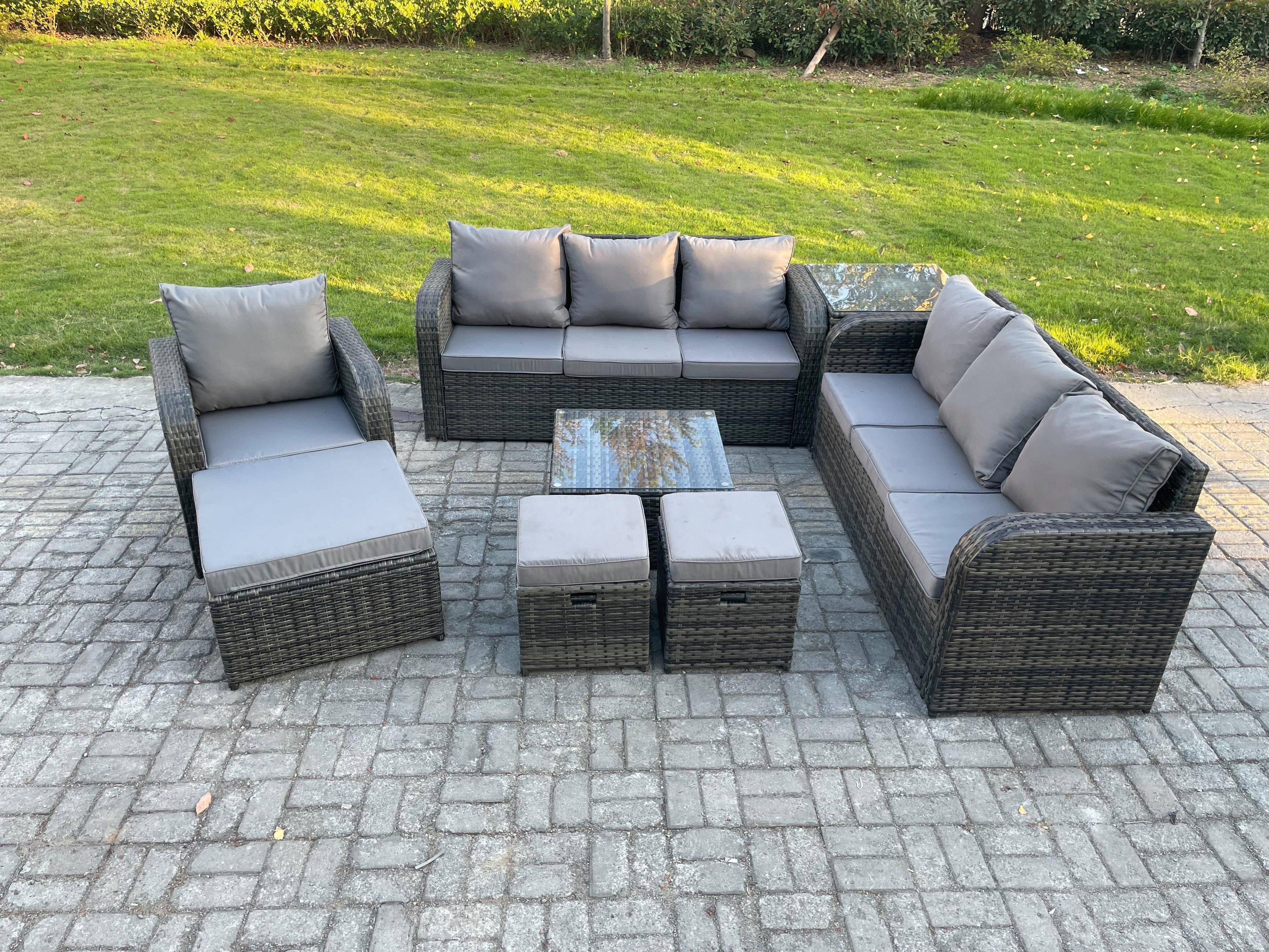 10 Seater Outdoor Rattan Garden Furniture Set Conservatory Patio Sofa Coffee Table 3 Footstools Side Table Dark Grey Mixed