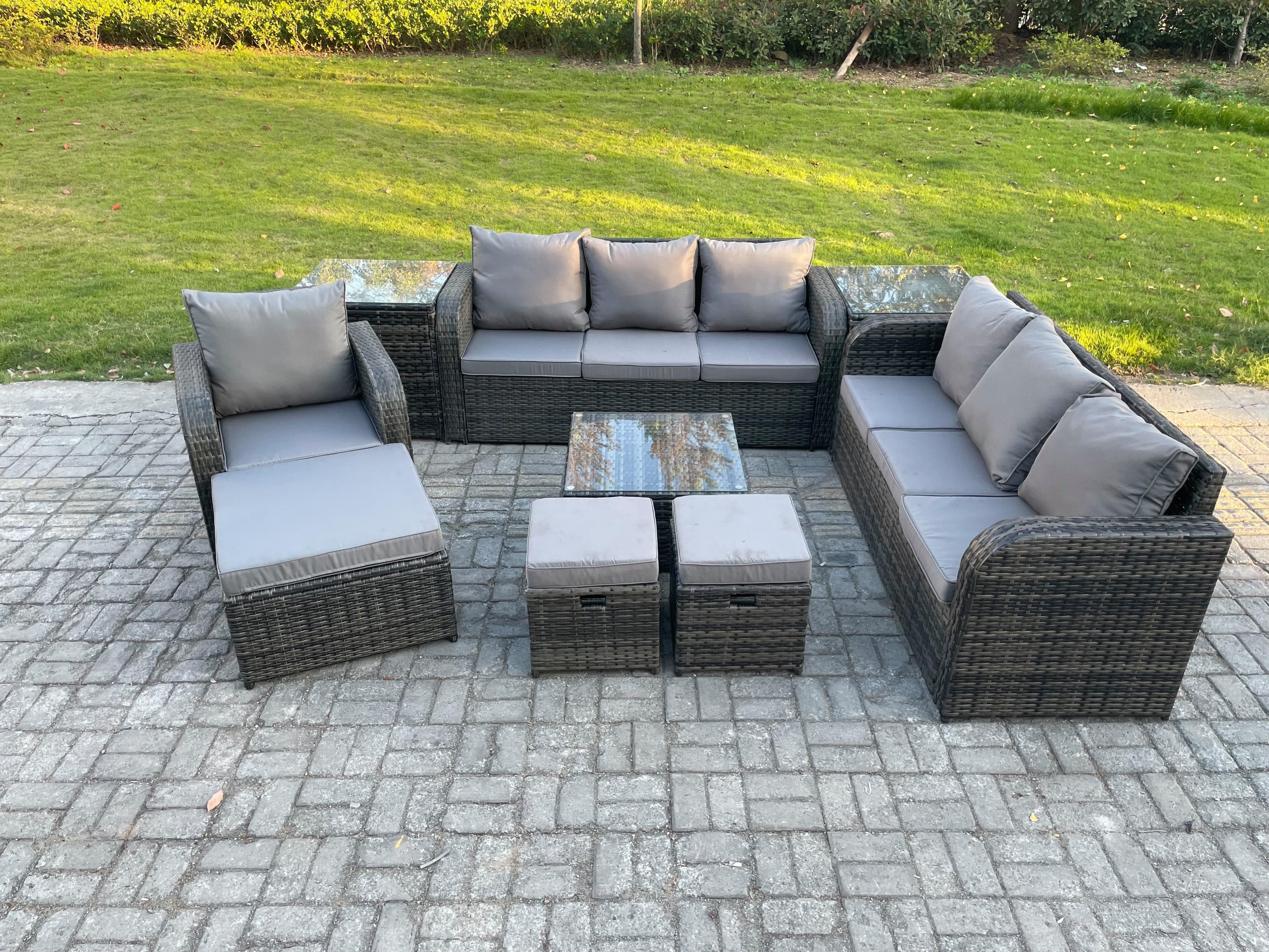 10 Seater Outdoor Rattan Garden Furniture Set Conservatory Patio Sofa Coffee Table Reclining Chair 3 Footstools 2 Side Tables