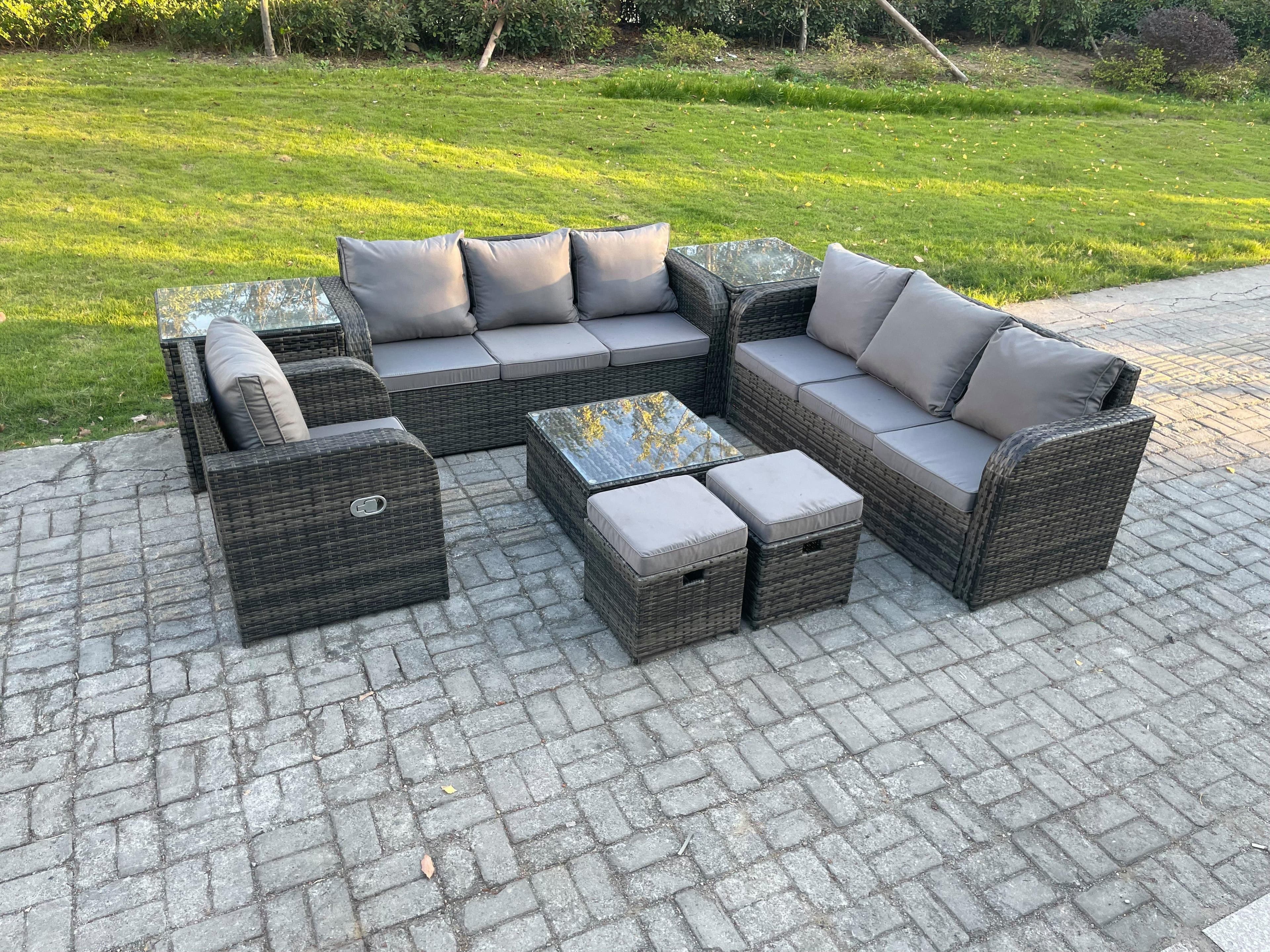 9 Seater Outdoor Rattan Garden Furniture Set Conservatory Patio Sofa Coffee Table Reclining Chair 2 Small Footstools 2 Side Tables