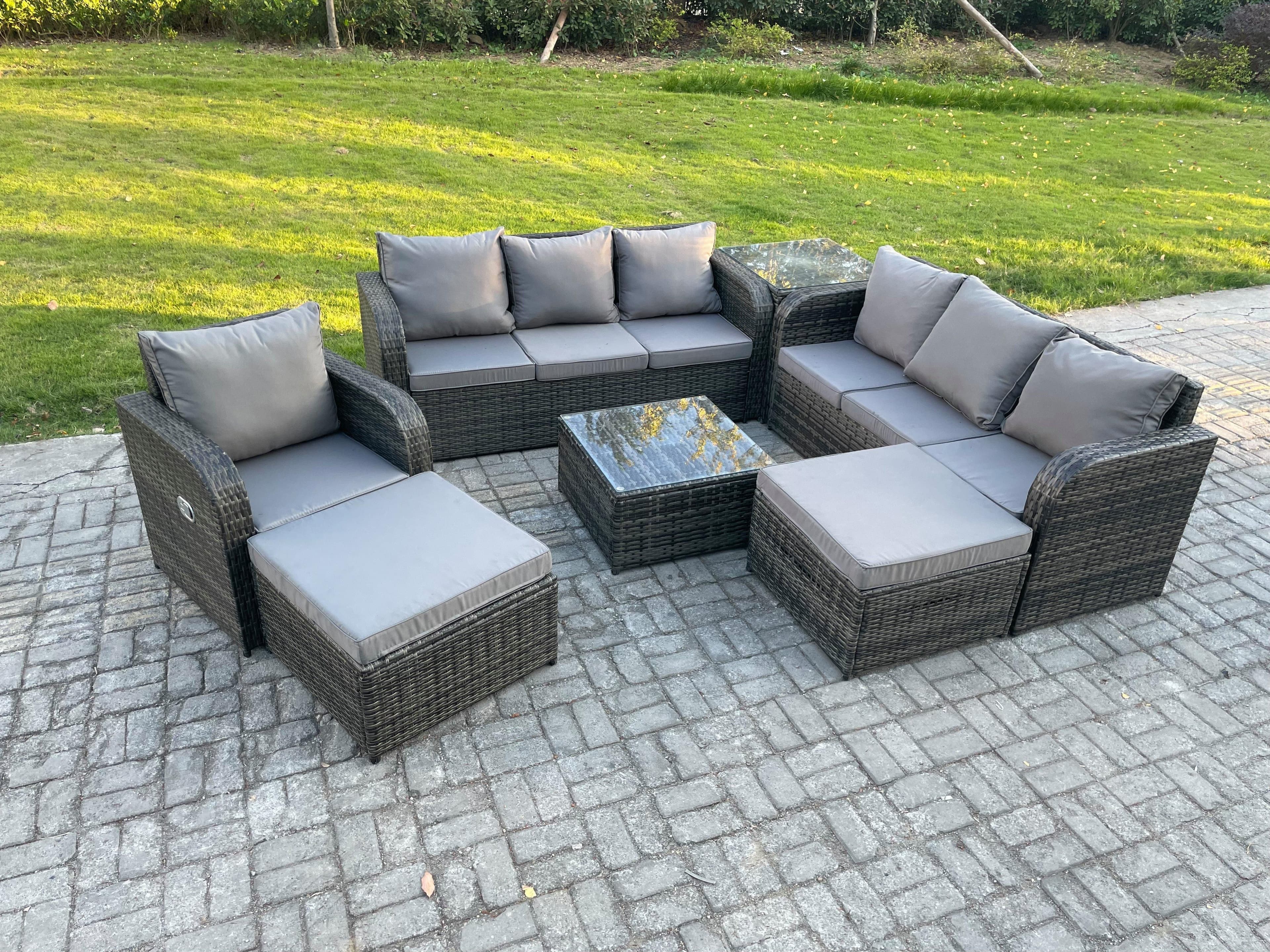 9 Seater Outdoor Rattan Garden Furniture Set Conservatory Patio Sofa Coffee Table Reclining Chair 2 Big Footstool Side Table