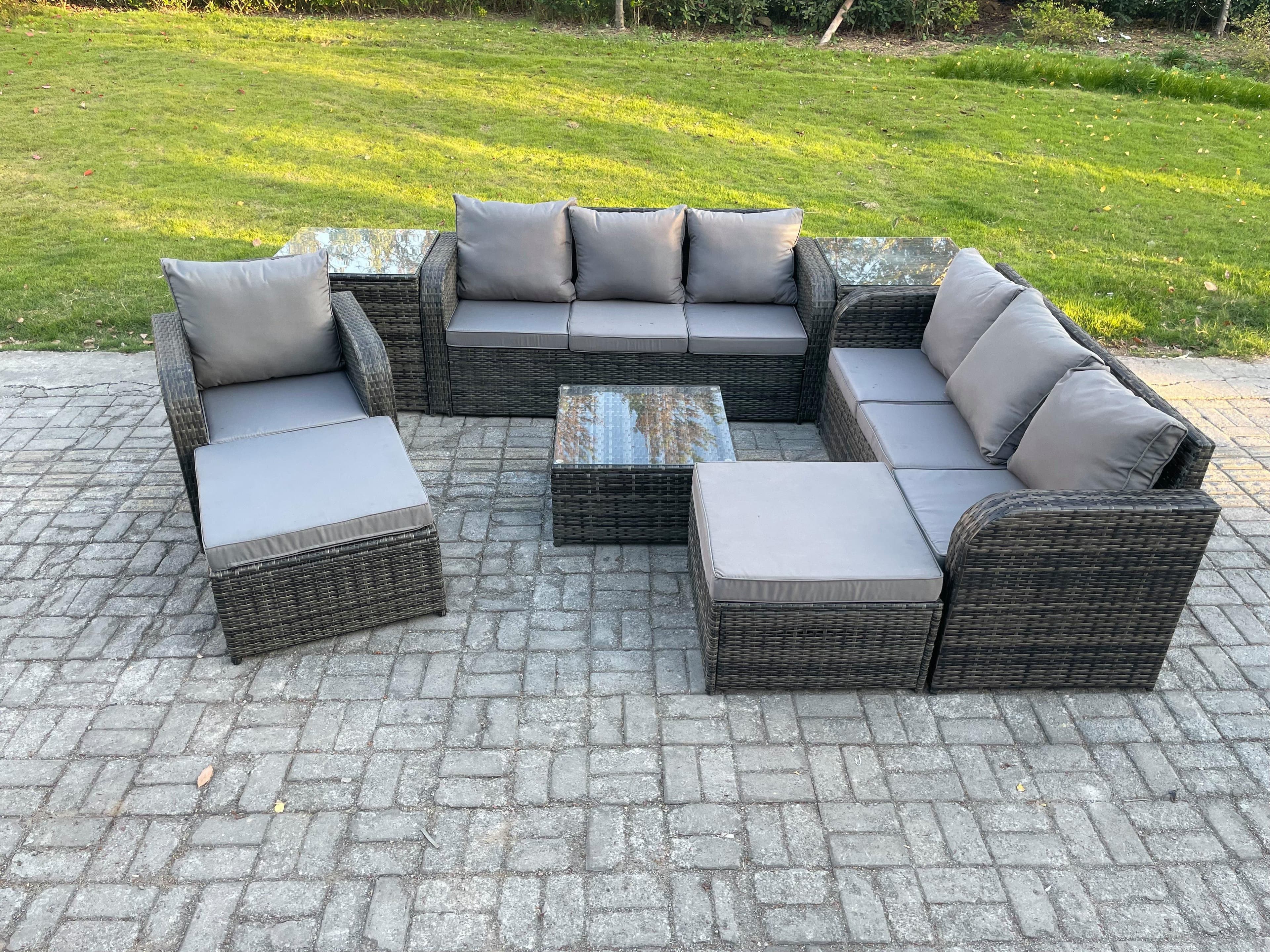9 Seater Outdoor Rattan Garden Furniture Set Conservatory Patio Sofa Coffee Table Reclining Chair 2 Big Footstool 2 Side Tables