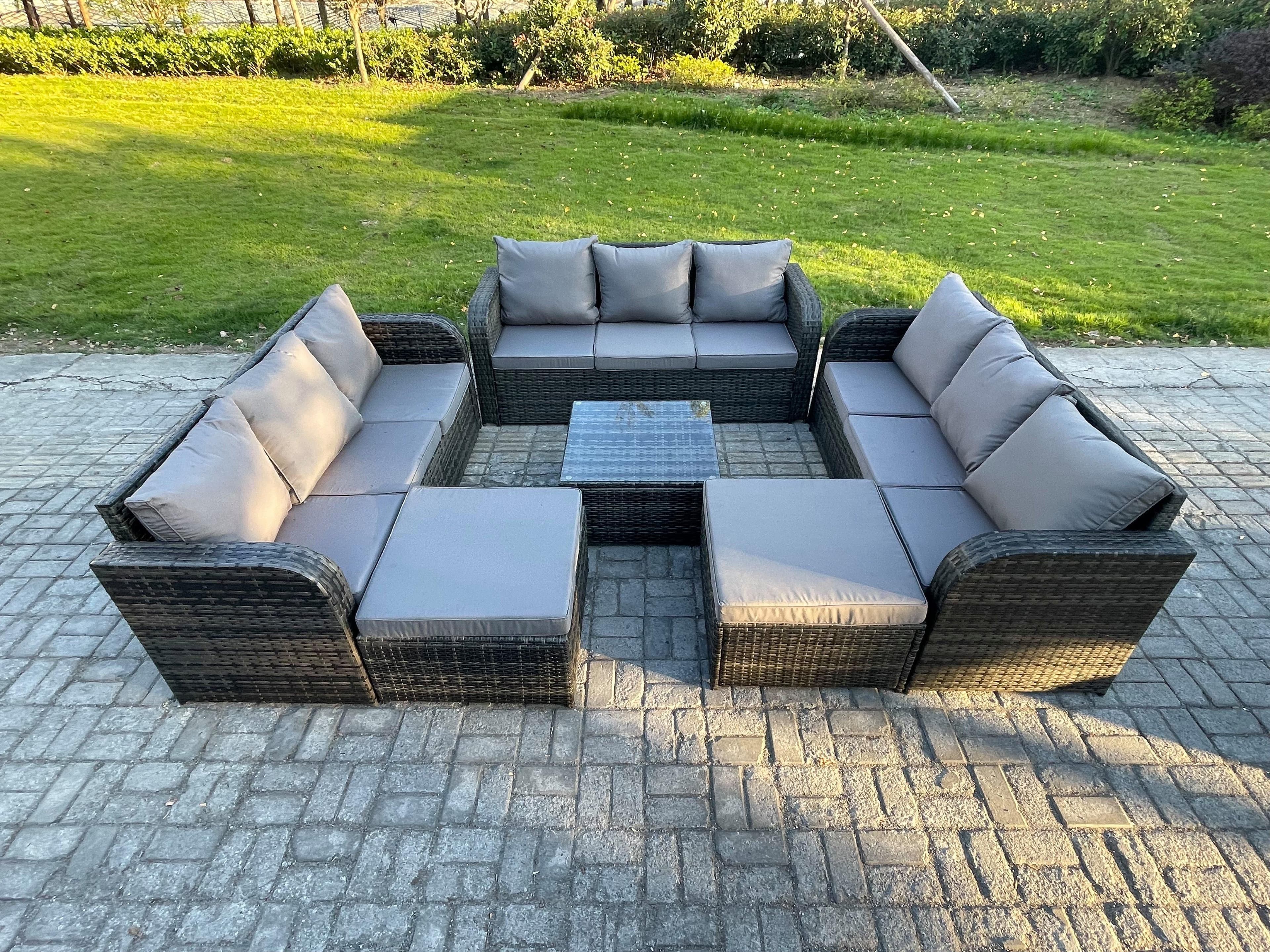 11 Seater Outdoor Rattan Garden Furniture Set Conservatory Patio Sofa Coffee Table 2 Big Footstool Dark Grey Mixed