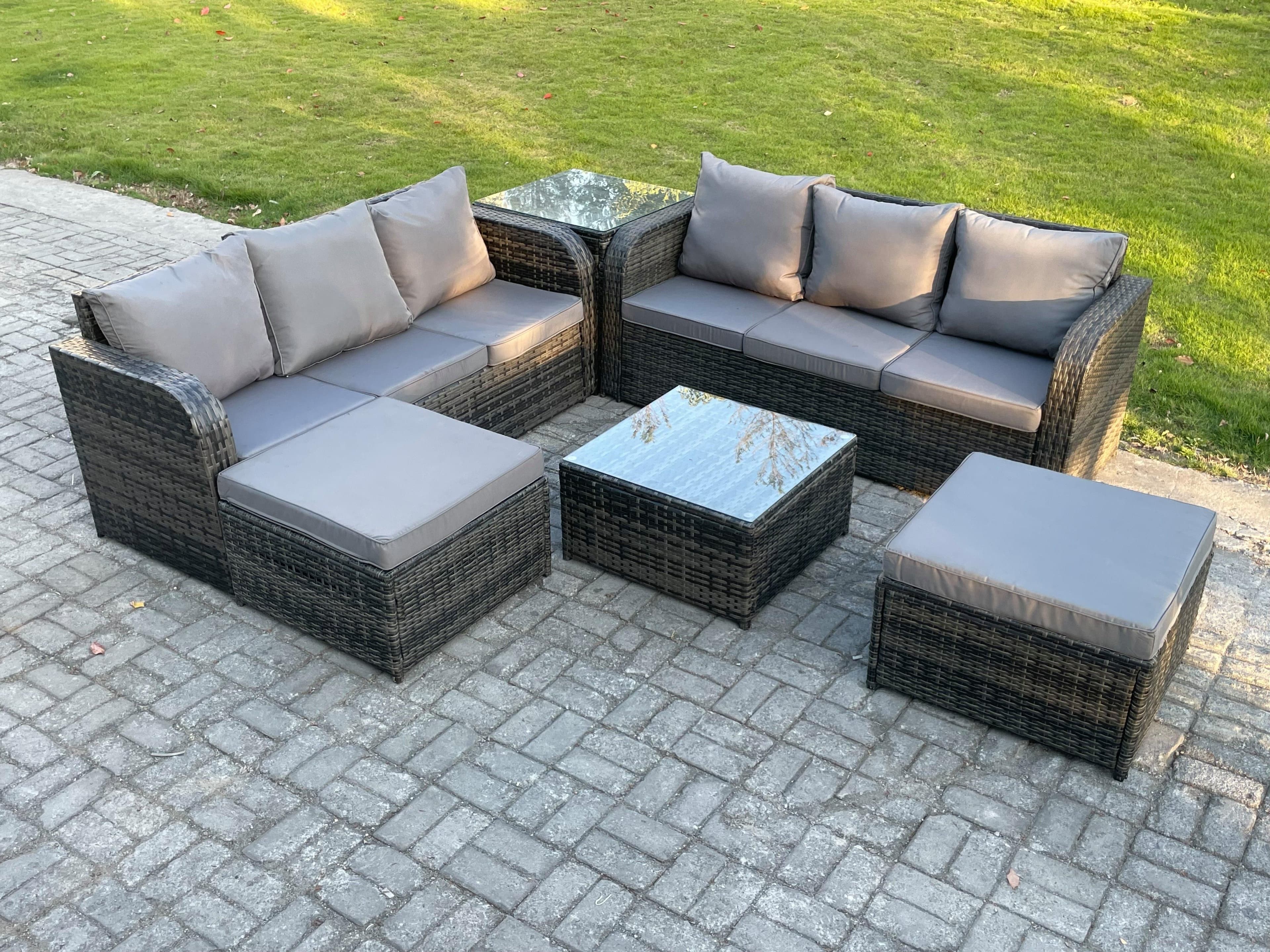 8 Seater Outdoor Rattan Garden Furniture Set Conservatory Patio Sofa Coffee Table 2 Big Footstool Side Table Dark Grey Mixed