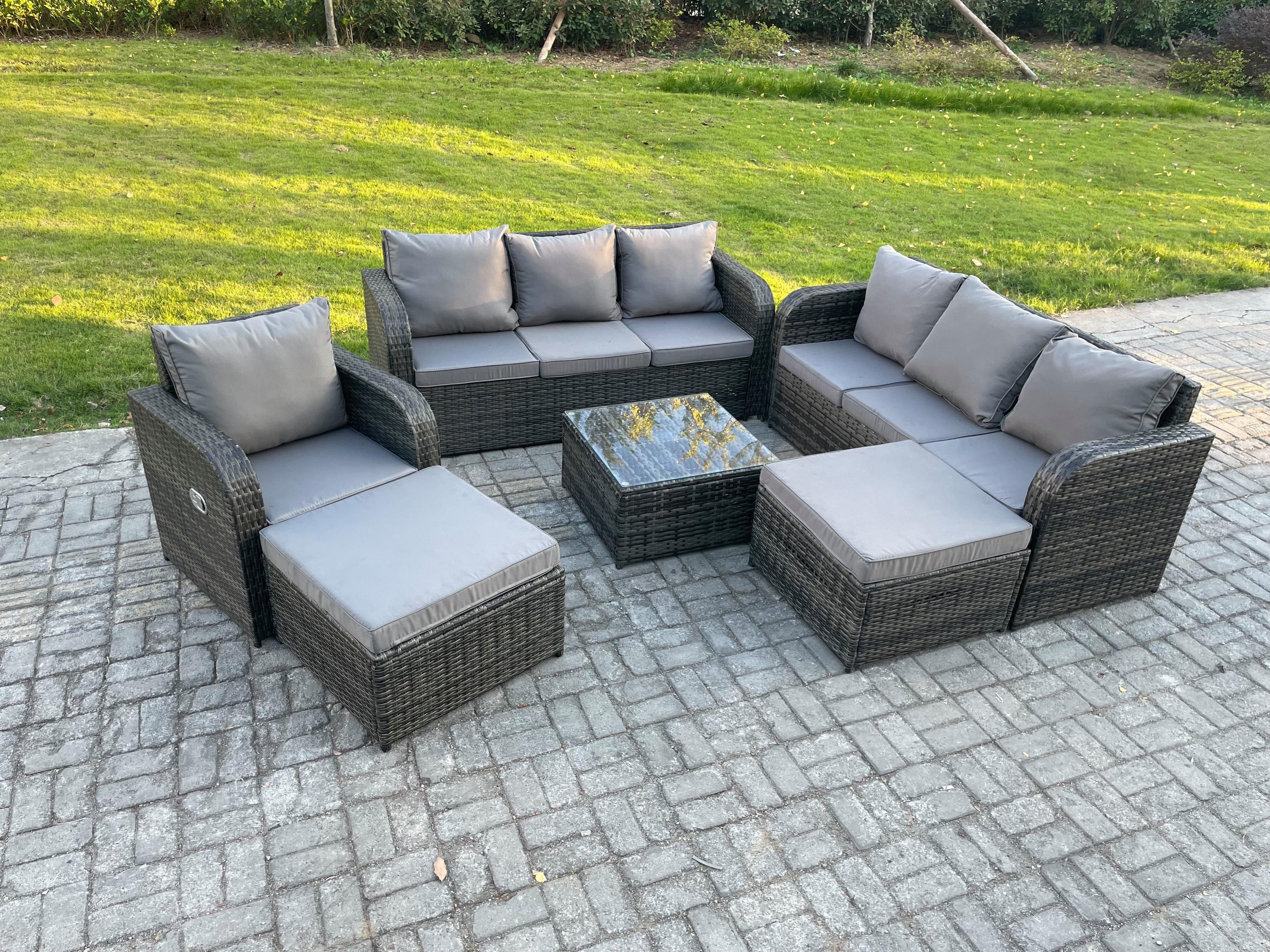 9 Seater Outdoor Rattan Garden Furniture Set Conservatory Patio Sofa Coffee Table 2 Big Footstool Dark Grey Mixed