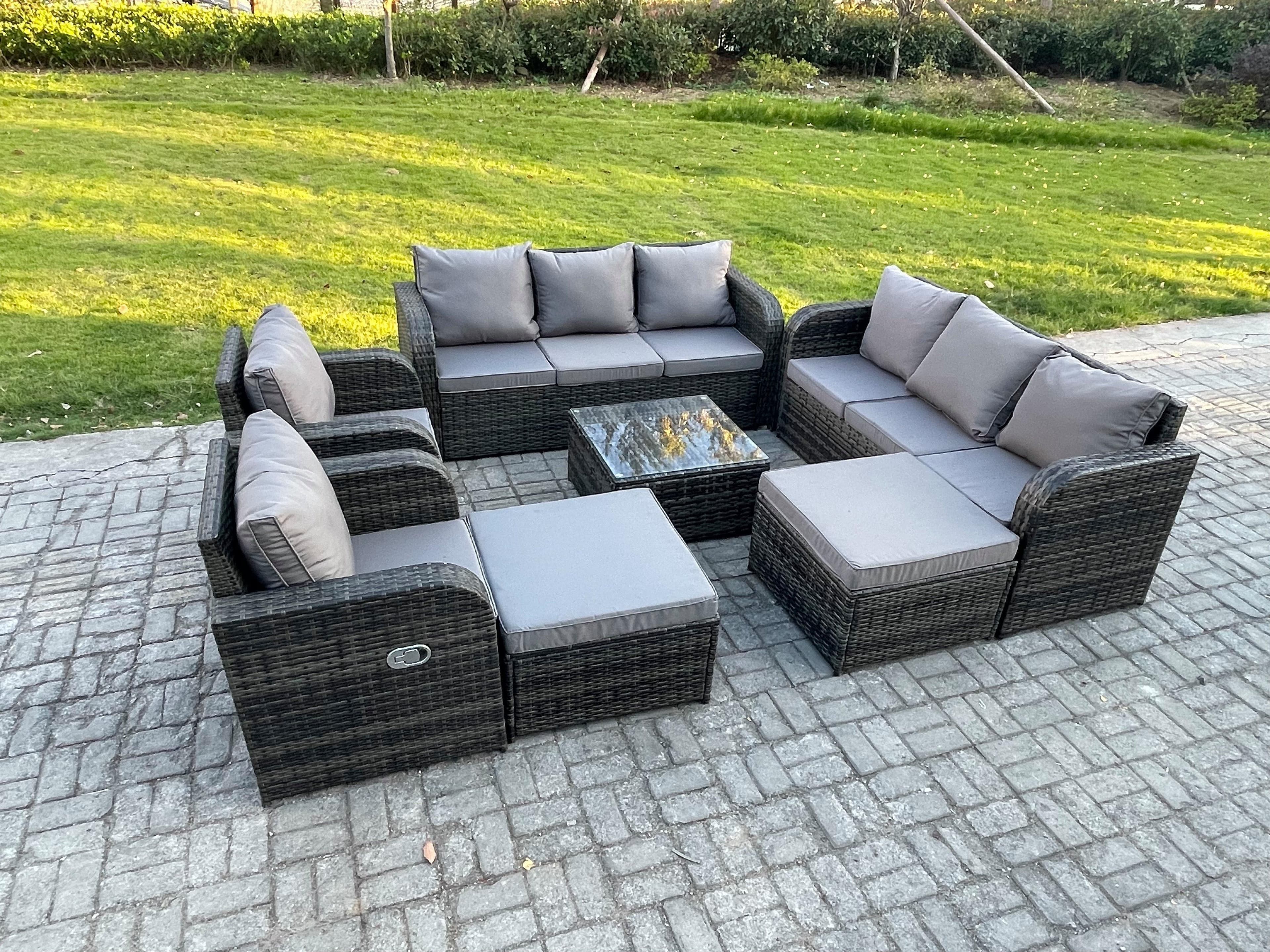 10 Seater Outdoor Rattan Garden Furniture Set Conservatory Patio Sofa Coffee Table 2 Big Footstool Dark Grey Mixed