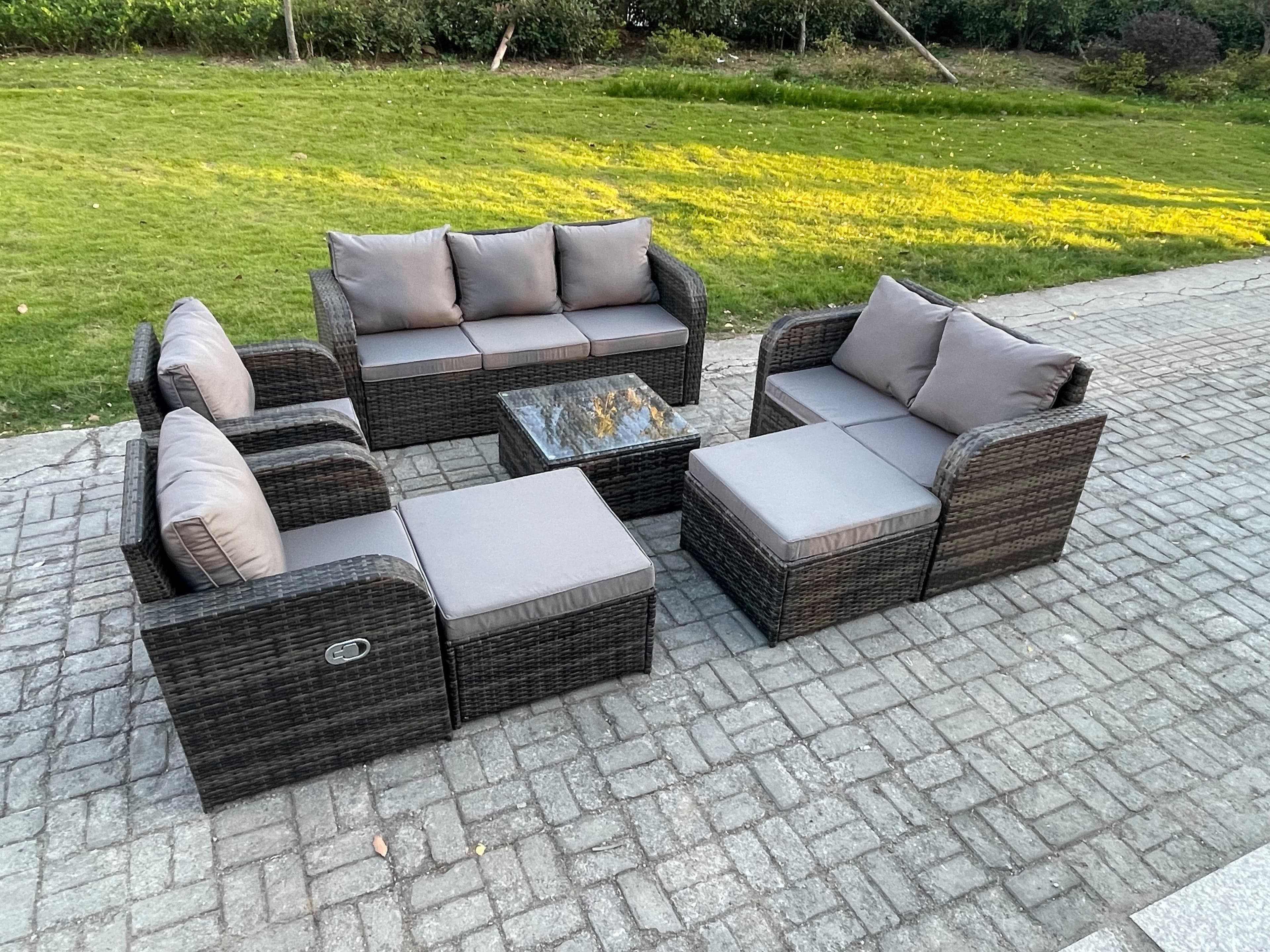 9 Seater Outdoor Rattan Garden Furniture Set Conservatory Patio Sofa Coffee Table 2 Big Footstool Love Sofa Dark Grey Mixed