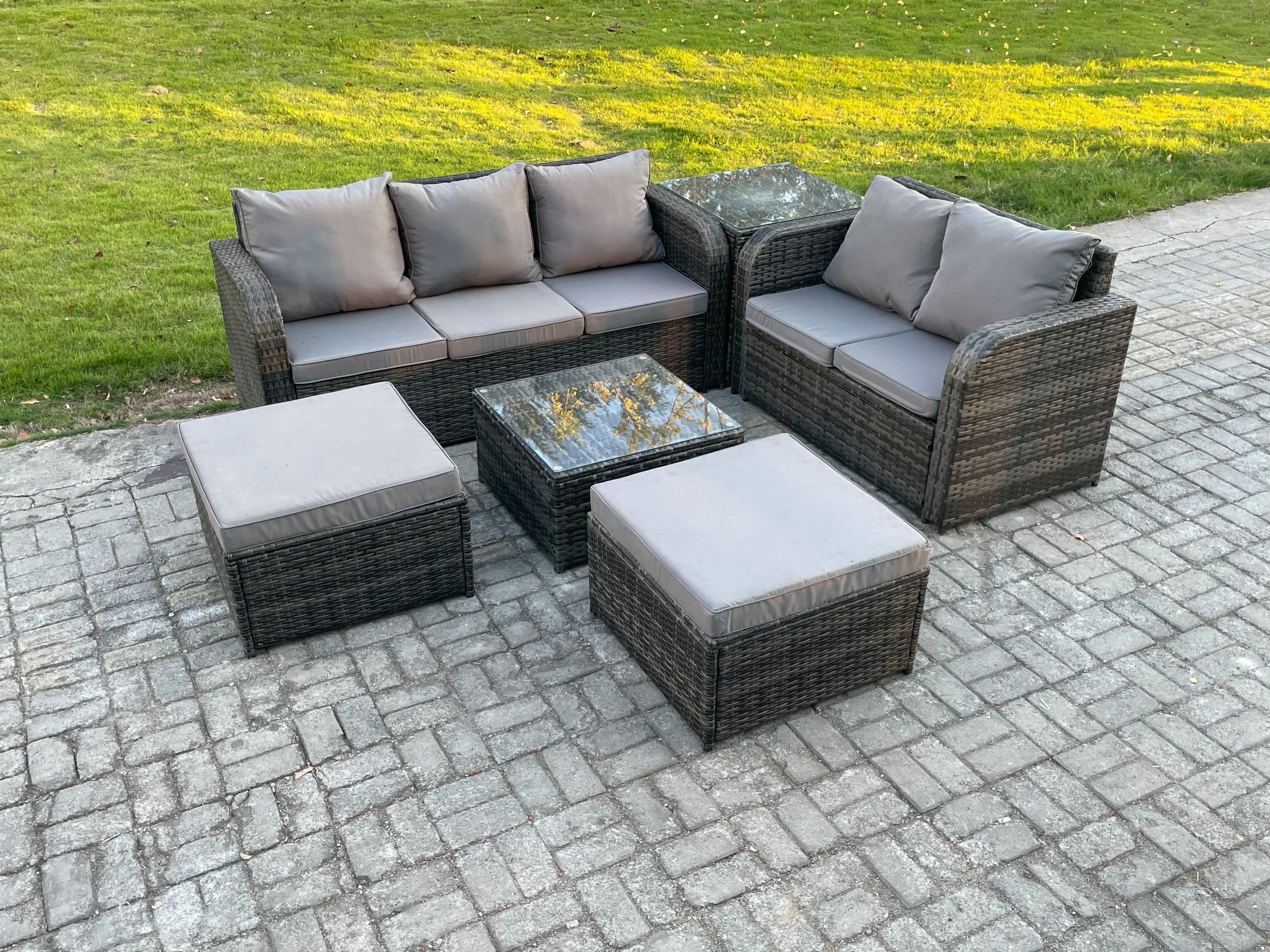 High Back Rattan Garden Furniture Set Square Coffee Table Big Footstool Side Table Outdoor Patio Lounge Sofa Set Dark Grey Mixed