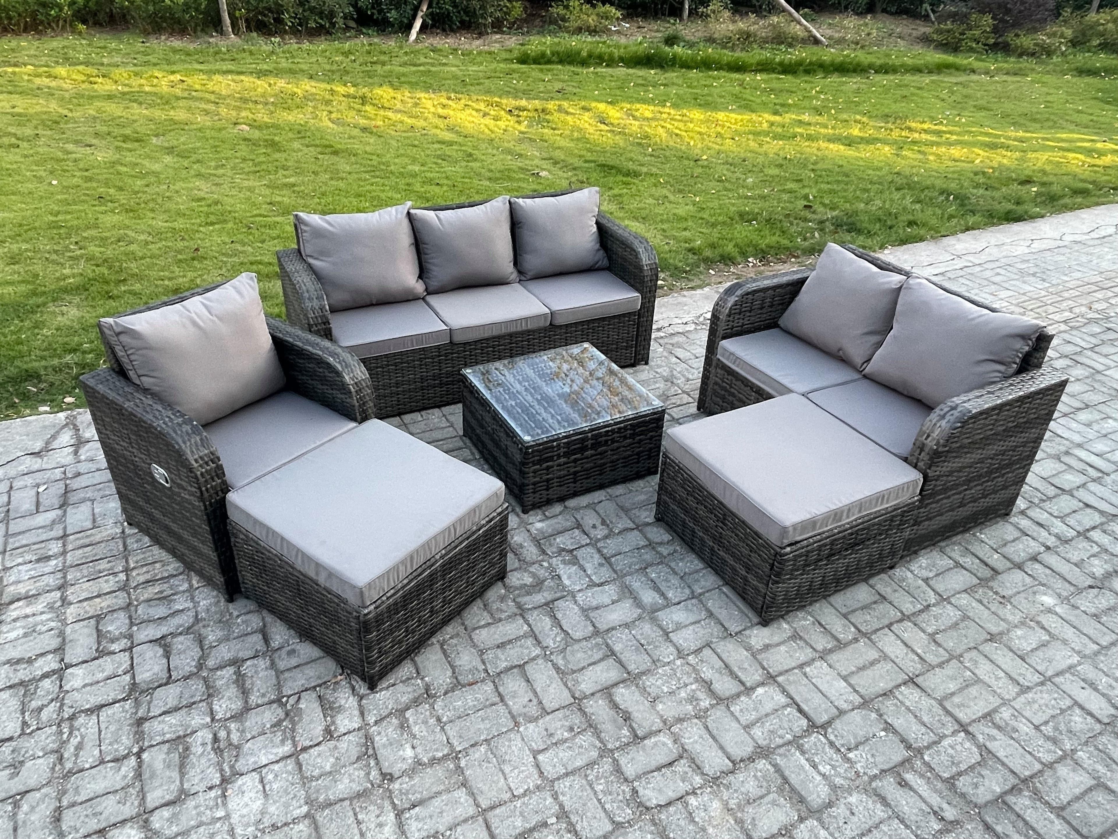 8 Seater High Back Rattan Garden Furniture Set Square Coffee Table 2 Big Footstool Indoor Outdoor Patio Lounge Sofa Set Dark Grey Mixed