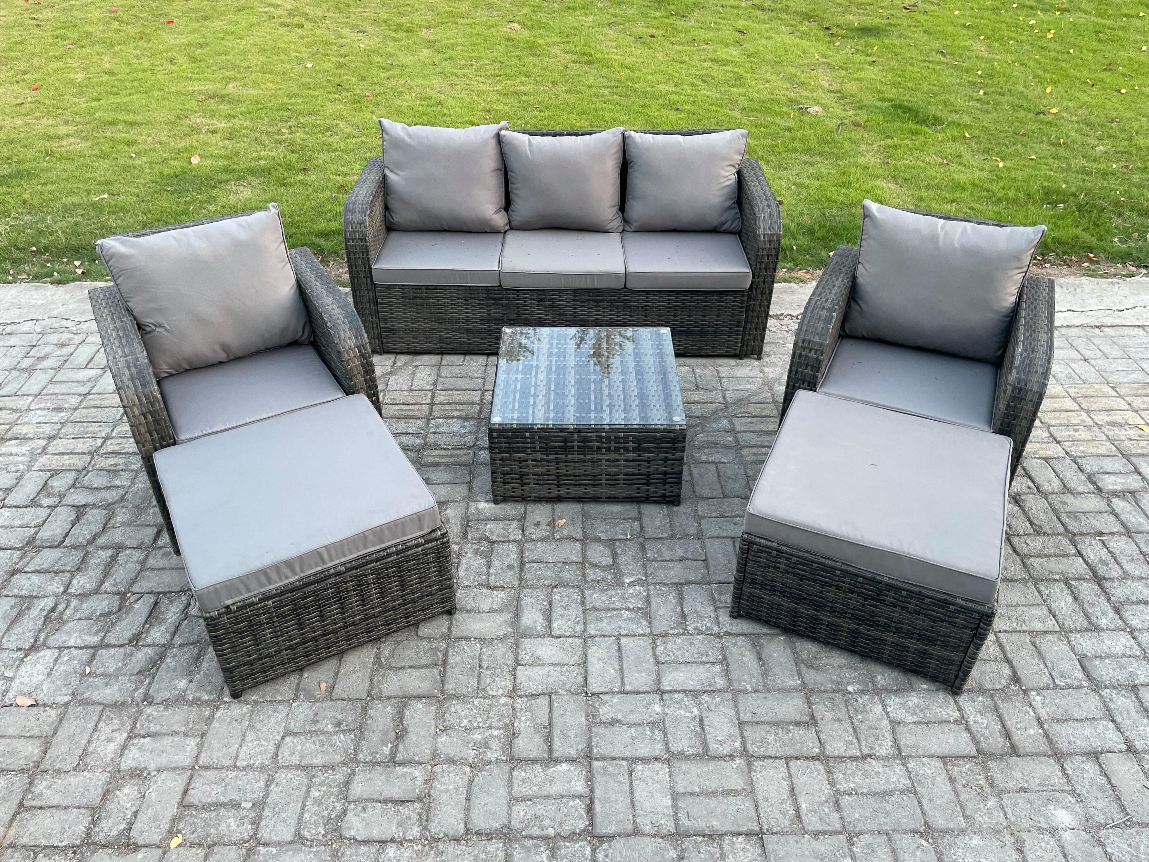 7 Seater High Back Rattan Garden Furniture Set Square Coffee Table 2 Big Footstool Indoor Outdoor Patio Lounge Sofa Set Dark Grey Mixed