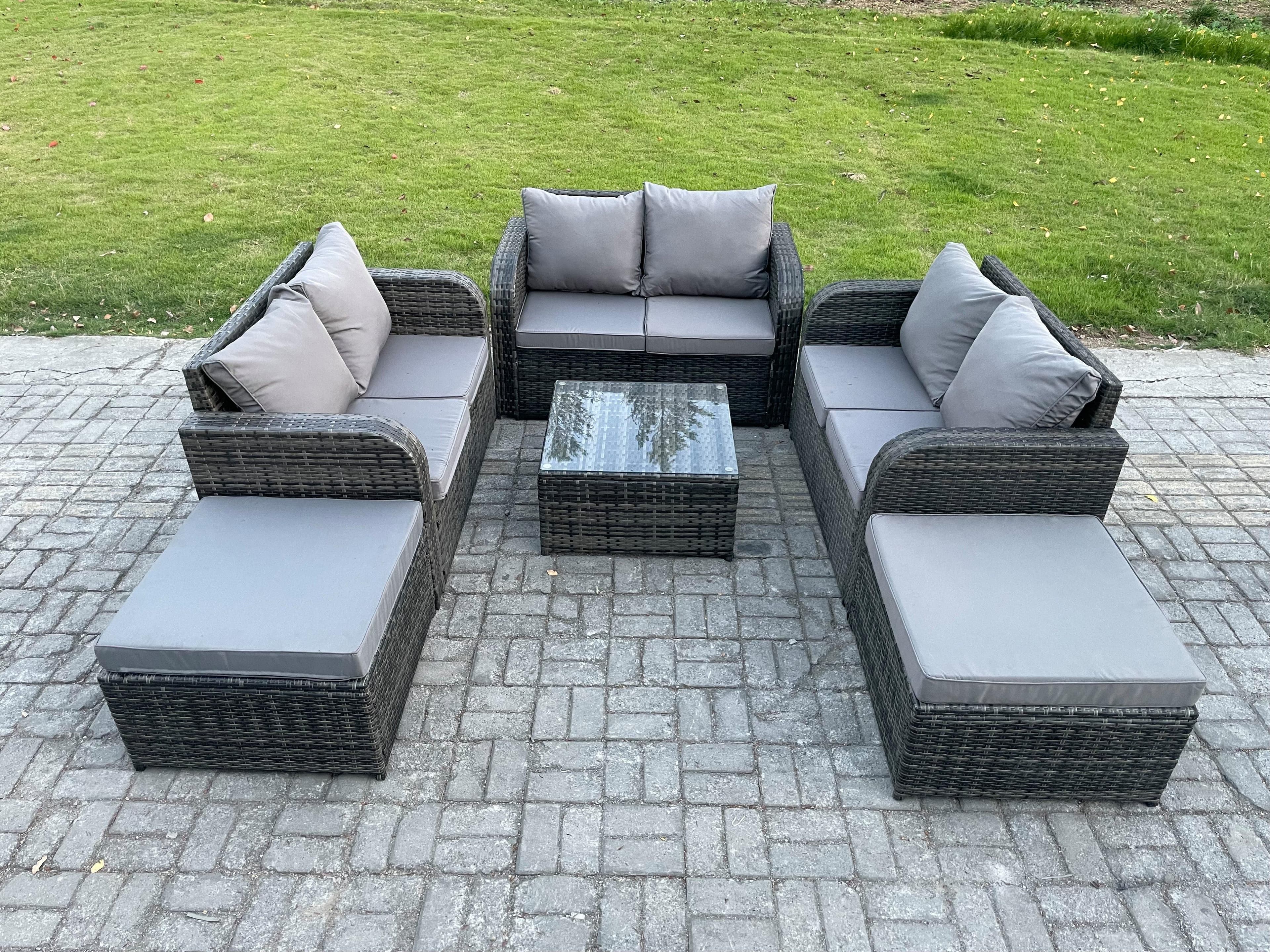 8 Seater High Back Rattan Garden Furniture Set Square Coffee Table 2 Big Footstool Love Sofa Indoor Outdoor Patio Lounge Sofa Set